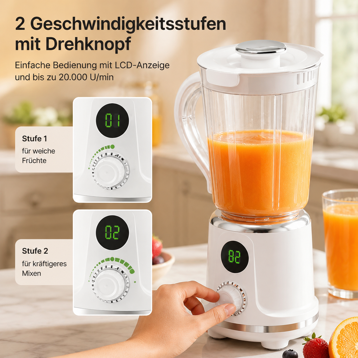 Ein weißer Mixer mit Orangensaft, mit Nahaufnahmen zweier Geschwindigkeitsstufen und deutschem Text.