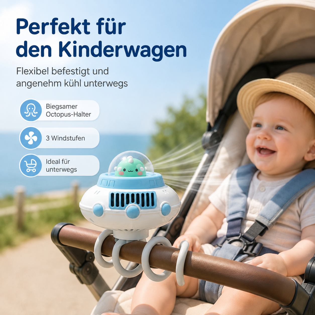 Ein lachendes Baby sitzt im Kinderwagen mit einem tragbaren, UFO-Förmigen Ventilator mit biegsamen Armen.