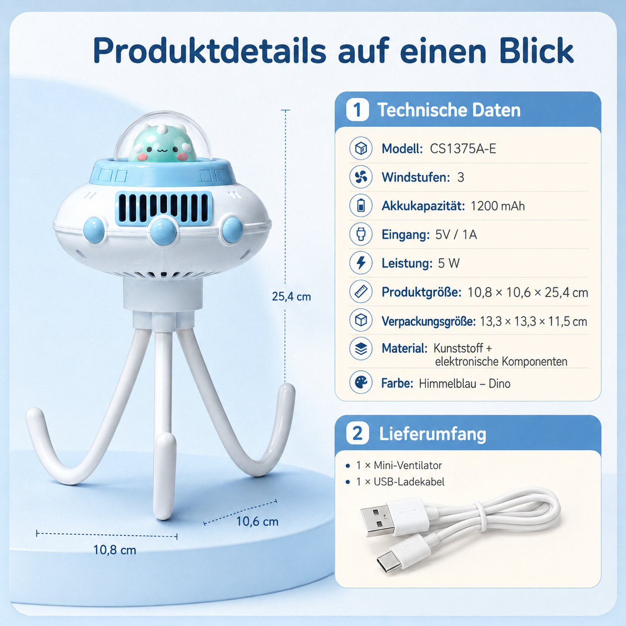 UFO-förmiger Mini-Ventilator mit Dino-Figur, Stativ und technischen Daten auf blauem Hintergrund.