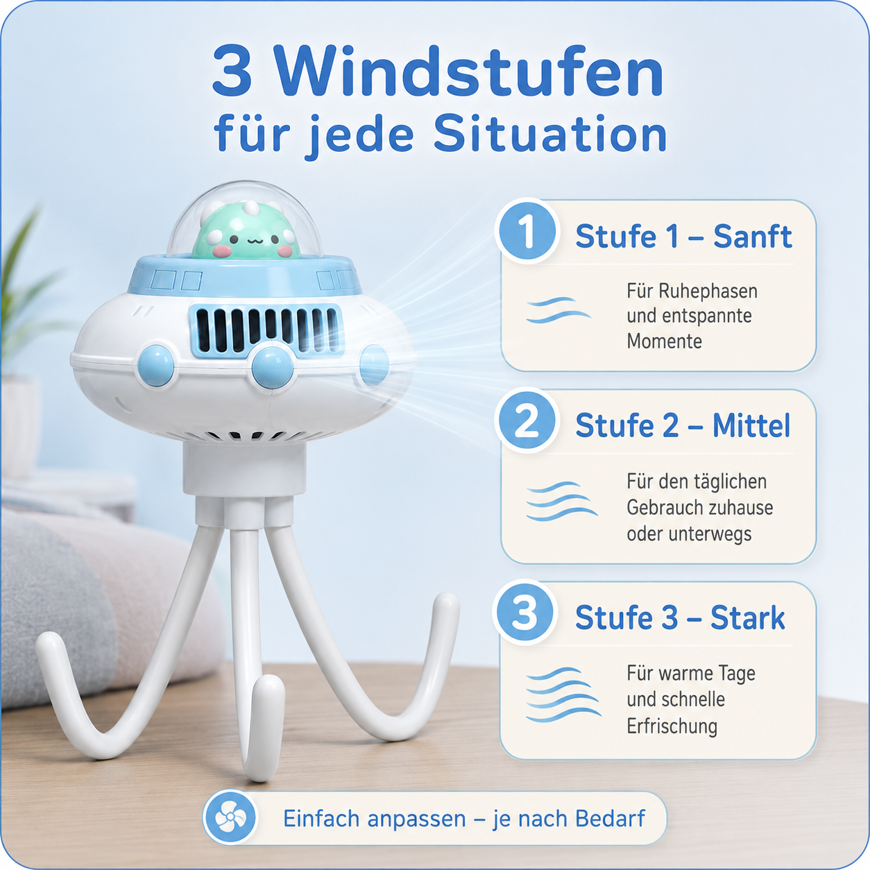 Ufo-förmiger Tischventilator mit drei Windstufen und biegsamen Stativbeinen.