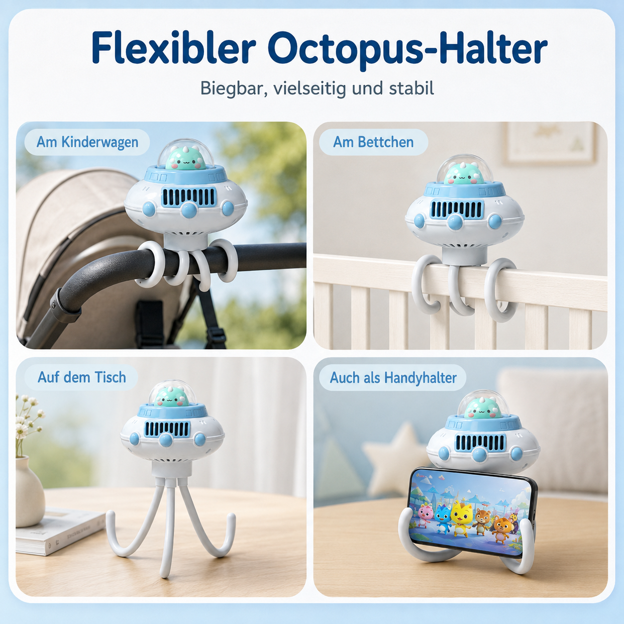 Flexible UFO-Handyhalterung und -Ventilator mit biegsamen Armen für Kinderwagen, Bettchen oder Tische.