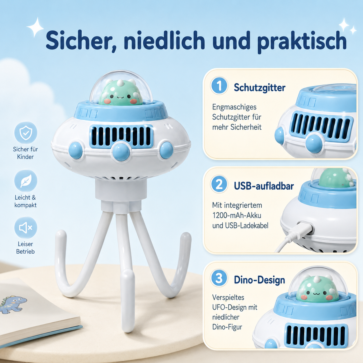 Blau-weißer UFO-Ventilator mit flexiblem Stativ, Dino-Figur im Cockpit und Erklärungen zu Funktionen.