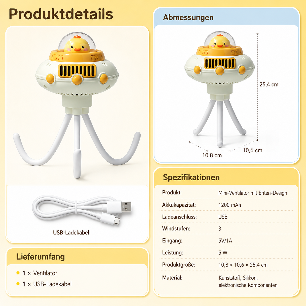 Produktvorteile und Abmessungen eines gelben Enten-Mini-Ventilators mit Stativ und USB-Kabel.