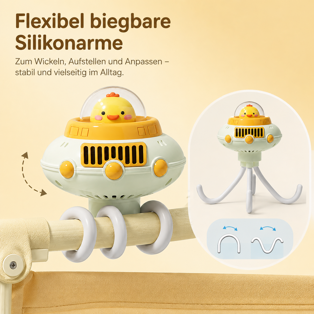 Gelber Enten-Ventilator in UFO-Form mit flexiblen Beinen auf einem Kinderbett.