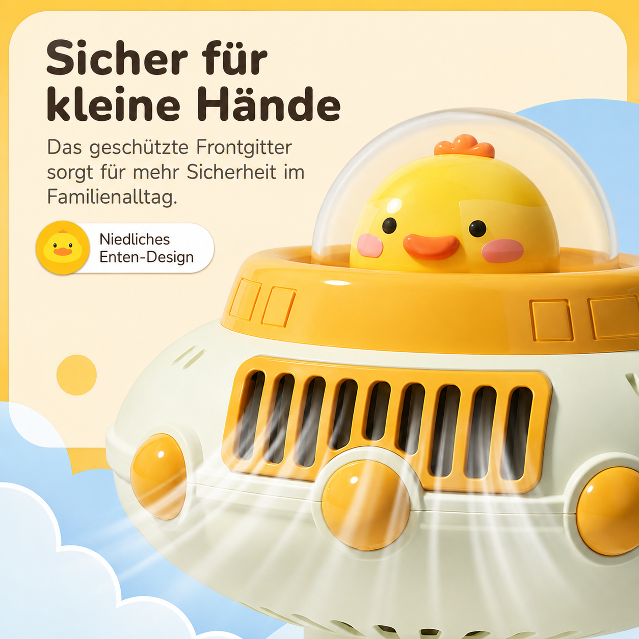 Ein gelb-weißes UFO-Spielzeug mit einer süßen Ente im Cockpit, sicher für Kinder.