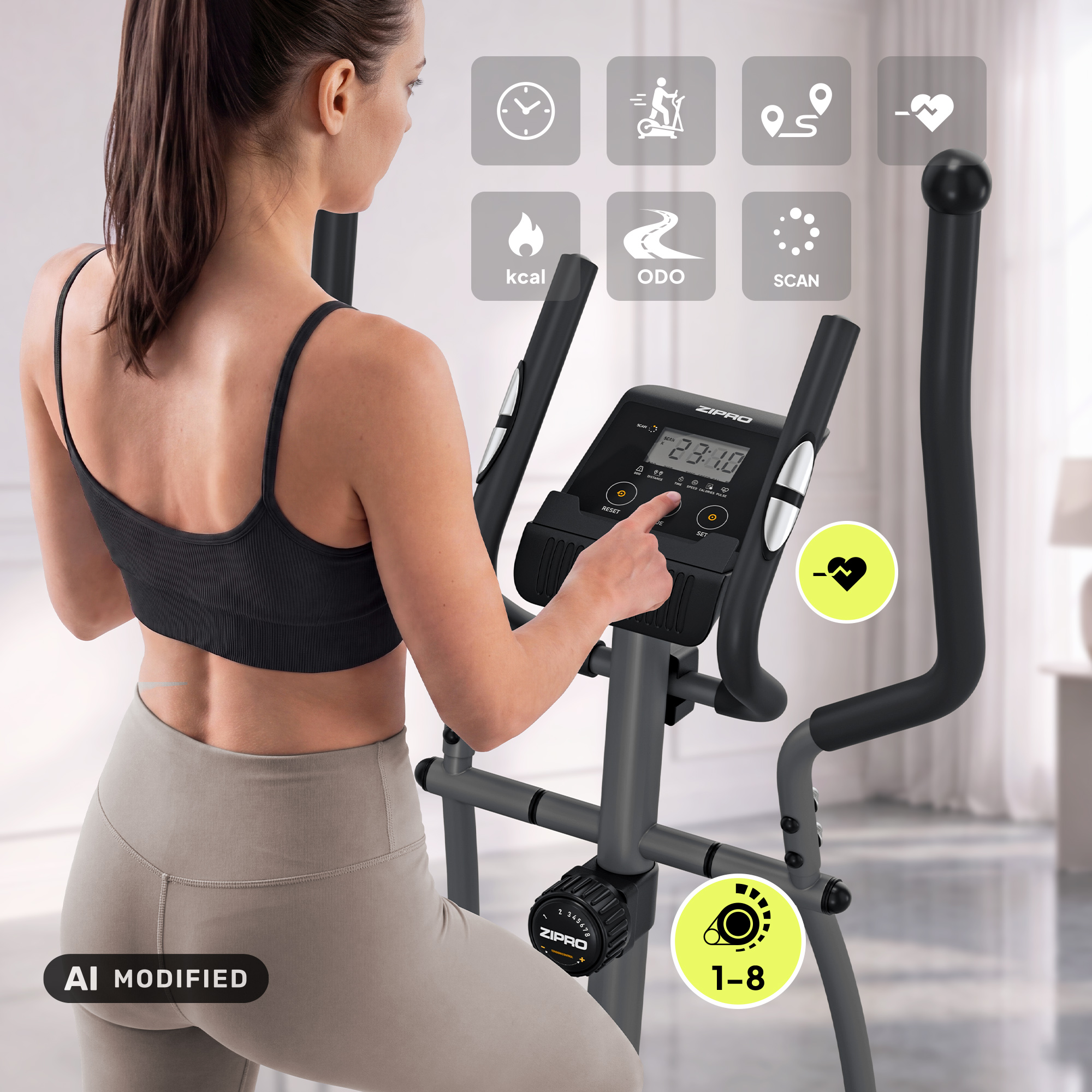 Una donna in abiti sportivi usa un'ellittica con icone digitali fluttuanti.
