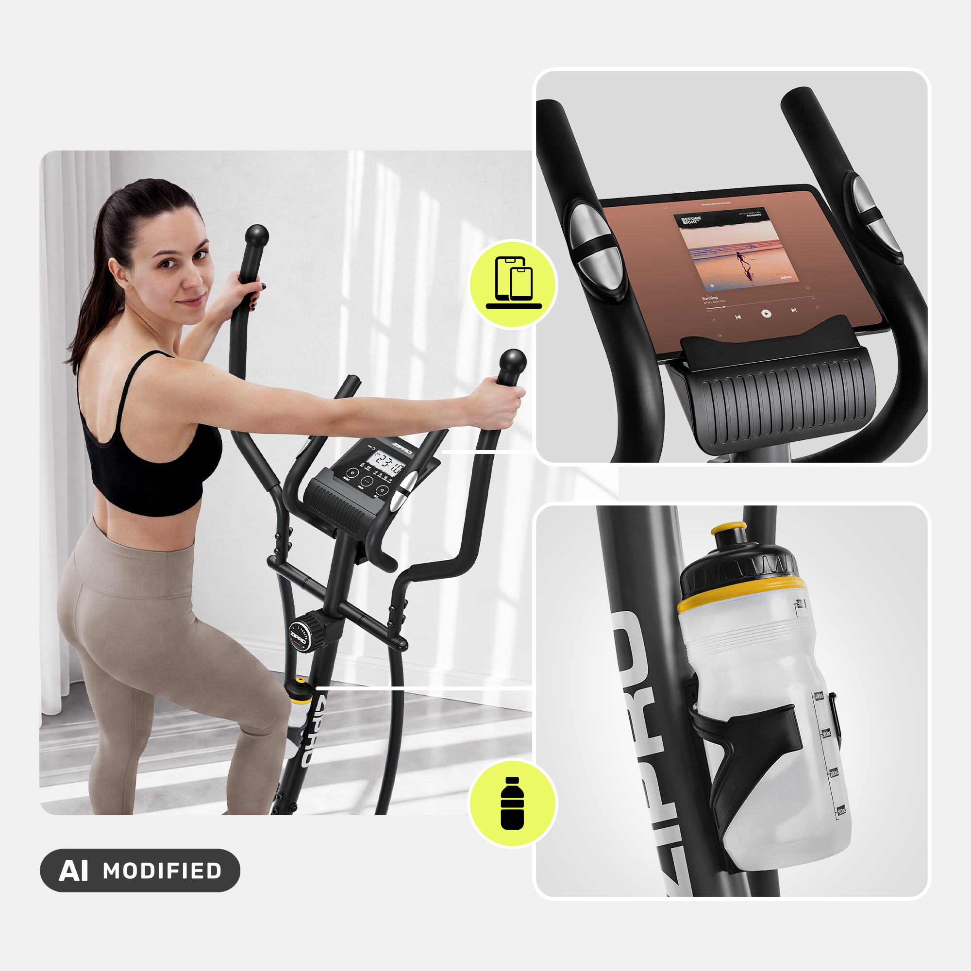 Donna che si alleena su una ellittica con dettagli di tablet e borraccia.