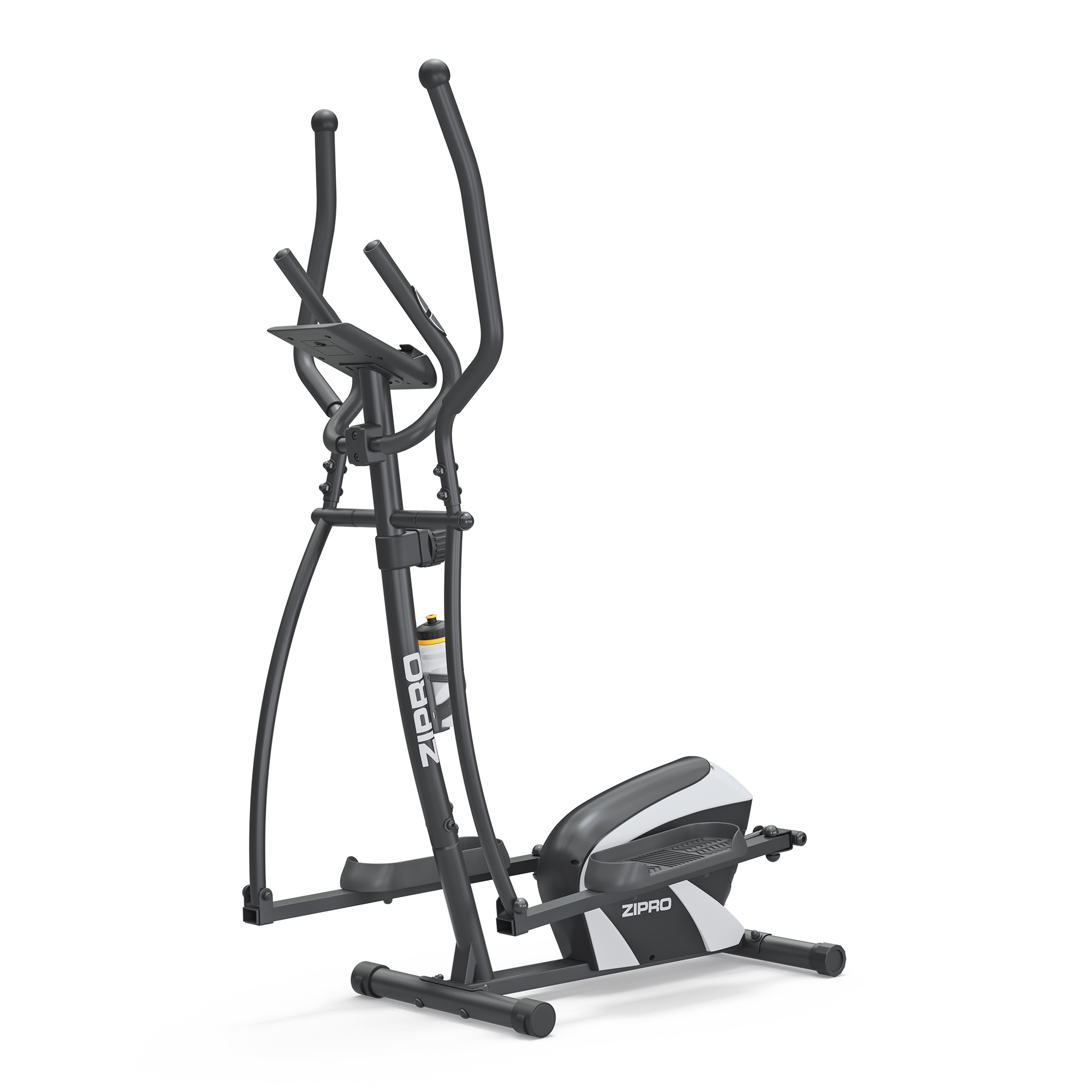 Una cyclette ellittica Zipro nera con display e portaborraccia su sfondo bianco.