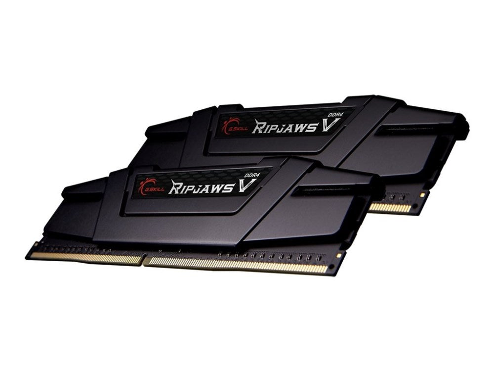 Zwei schwarze G.Skill Ripjaws V DDR4 RAM-Sticks mit Kühlkörper vor weißem Hintergrund.