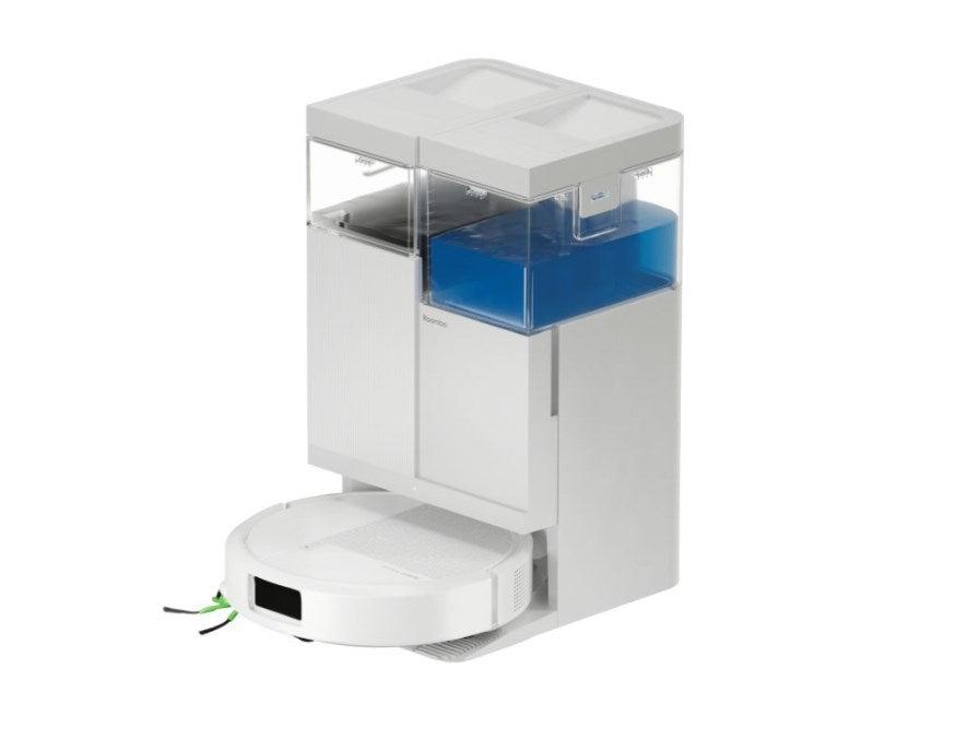 Un robot aspirapolvere bianco nella sua stazione di ricarica con serbatoio blu.