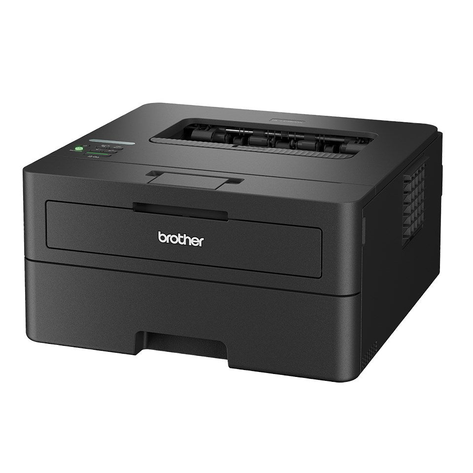 Una stampante laser Brother nera su sfondo bianco.