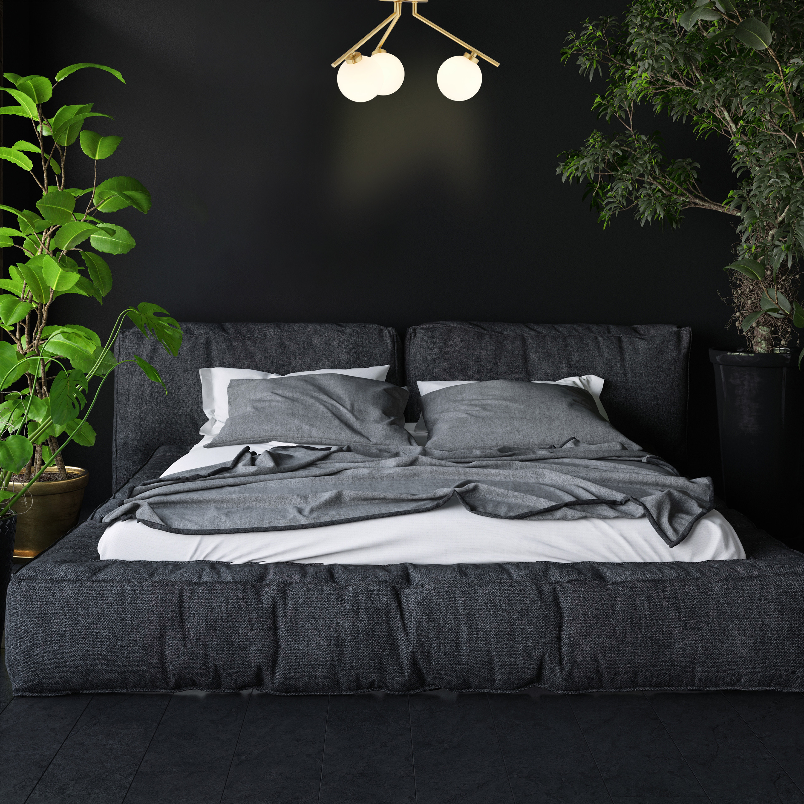 Ein modernes Schlafzimmer mit grauem gepolsterten Bett, schwarzen Wänden, Hängeleuchten und grünen Topfpflanzen.