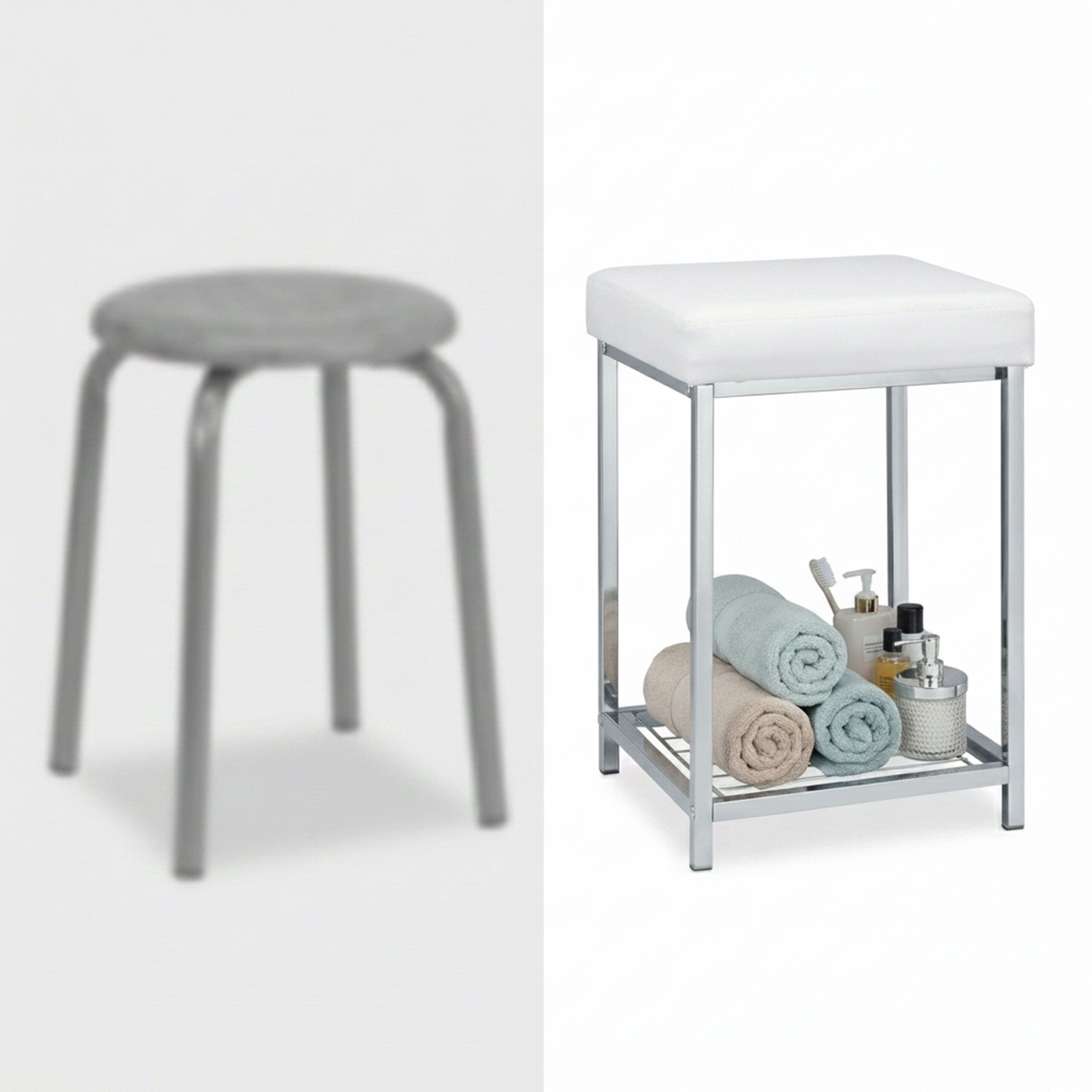 Ein weißer gepolsterter Hocker mit Metallbeinen und einem Ablagegitter unten, auf dem Handtücher und Badaccessoires liegen.