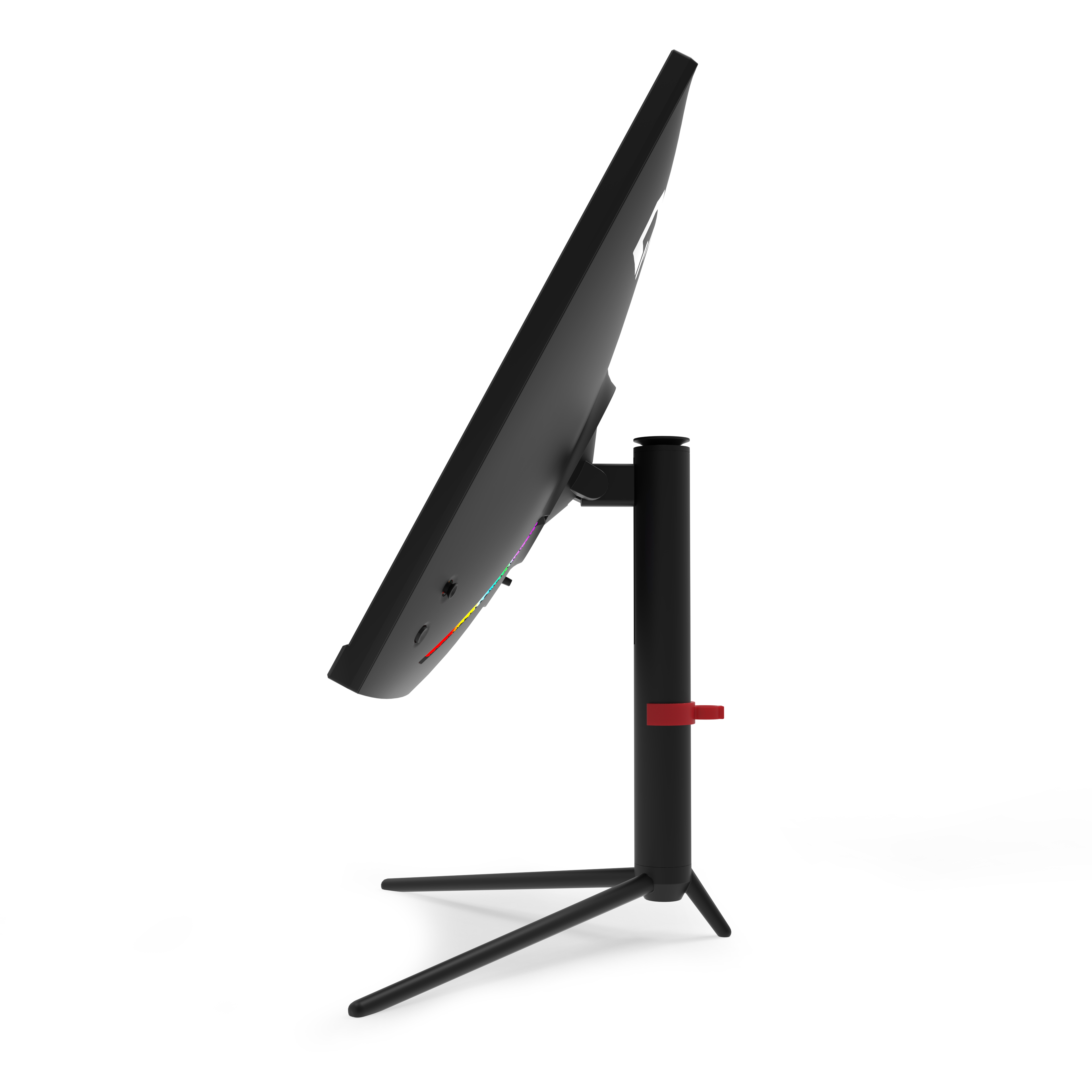 Beyaz arka planda üç ayaklı stant üzerinde RGB aydınlatmalı siyah bir bilgisayar monitörü.