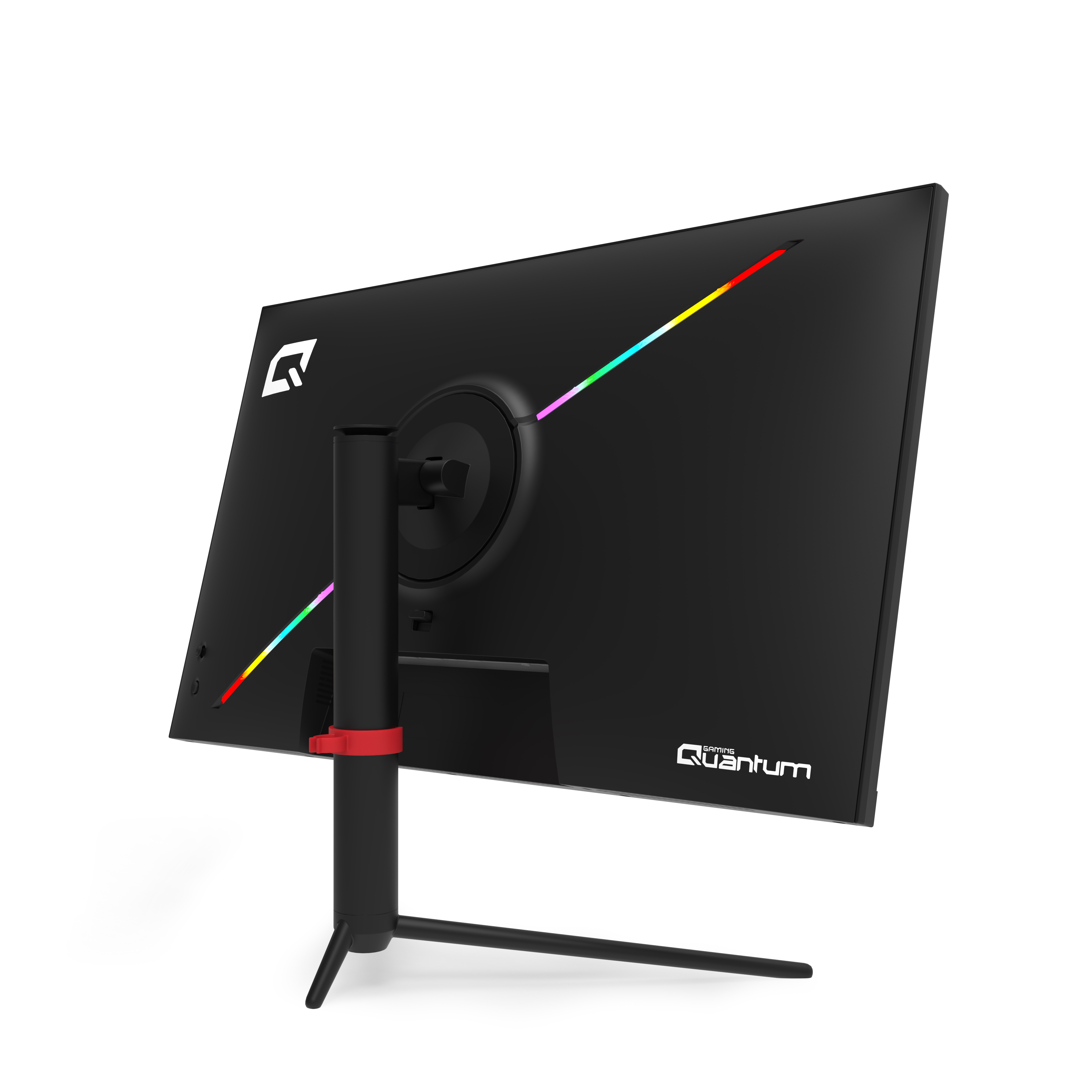 Beyaz arka planda RGB ışık şeritleri ve üç ayaklı standı bulunan siyah oyun monitörünün arka görünümü.