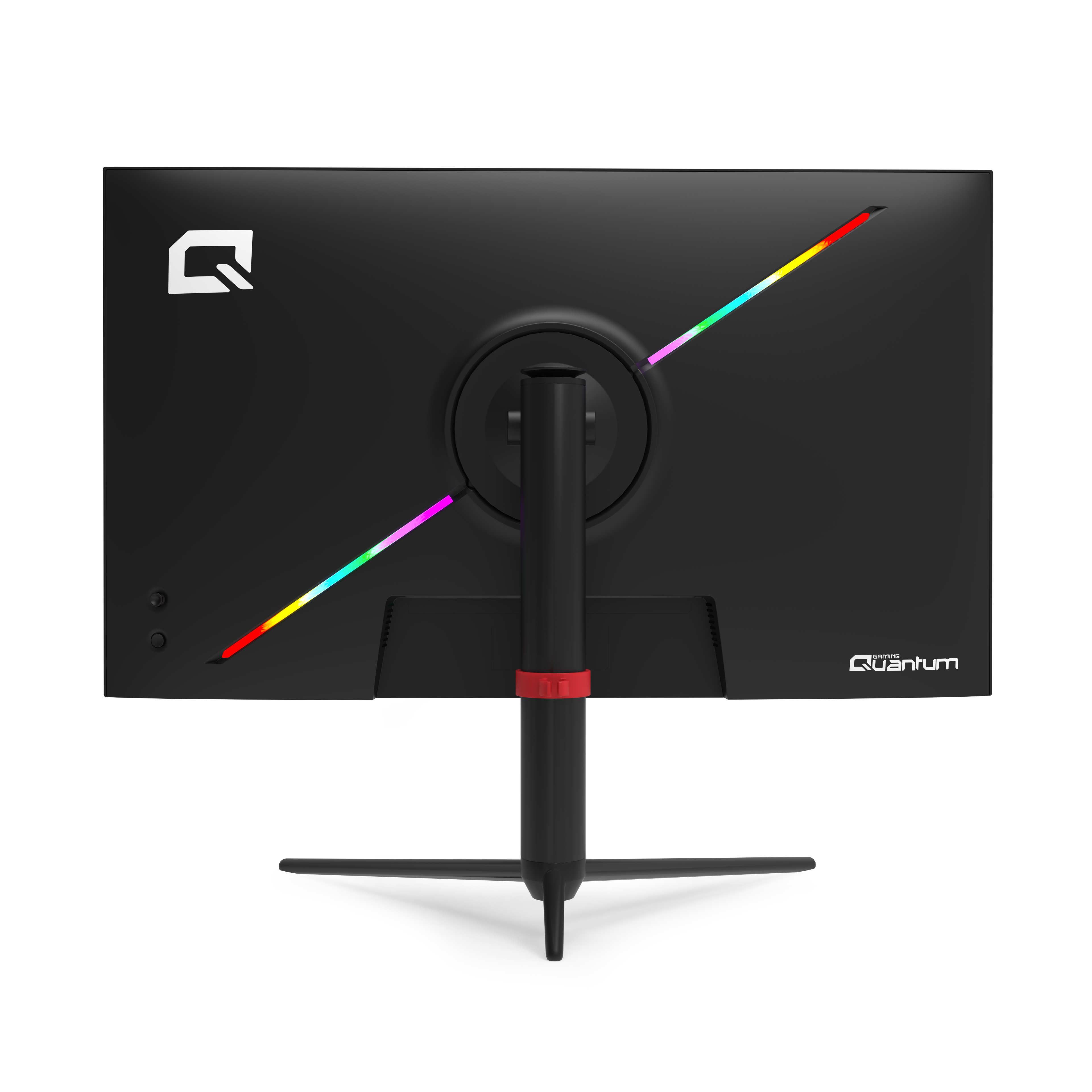 Beyaz arka planda stand üzerinde RGB aydınlatmalı ve Quantum logolu siyah bir oyun monitörünün arkası.