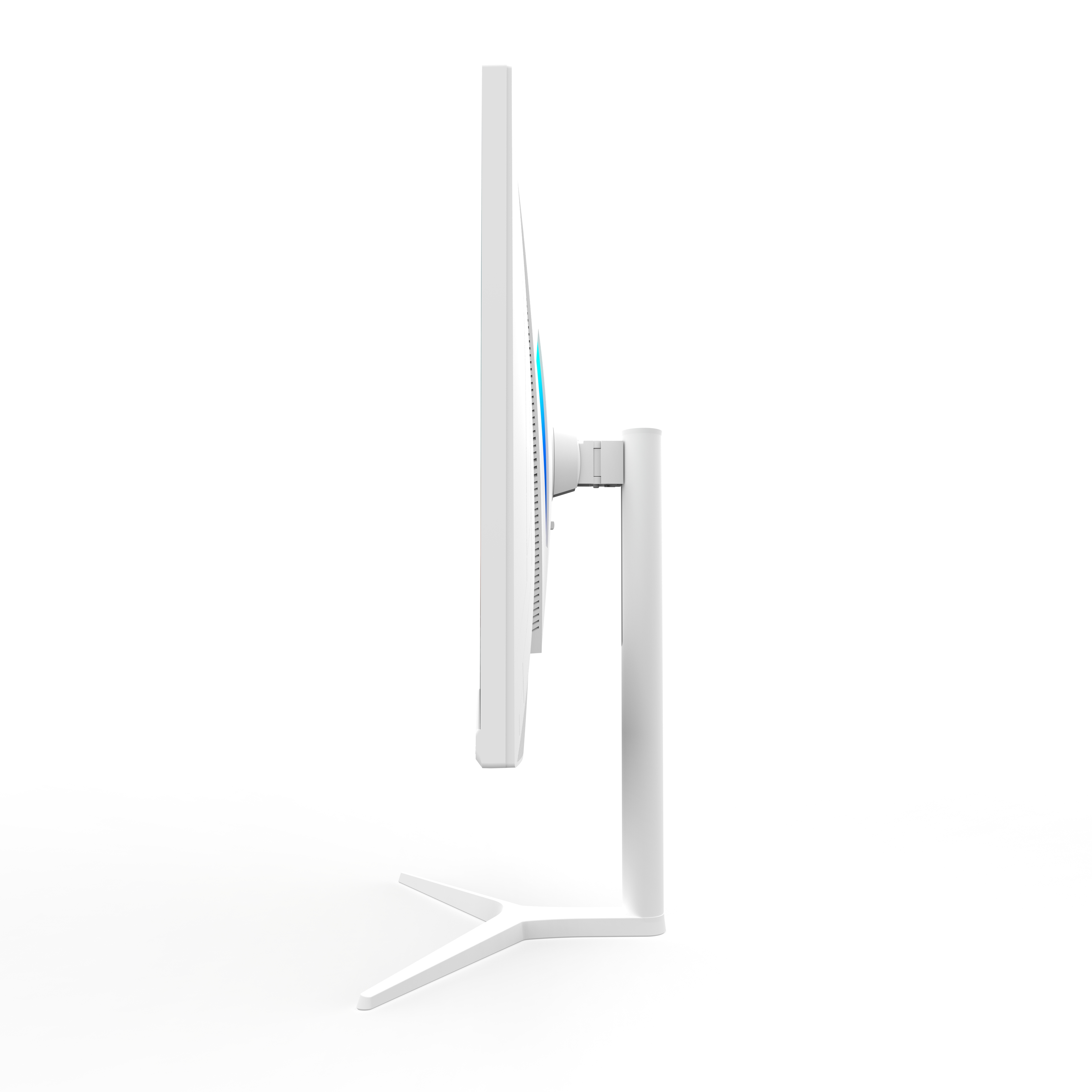 Mavi ışık halkasına sahip minimalist bir stant üzerindeki beyaz bilgisayar monitörünün yandan görünümü.