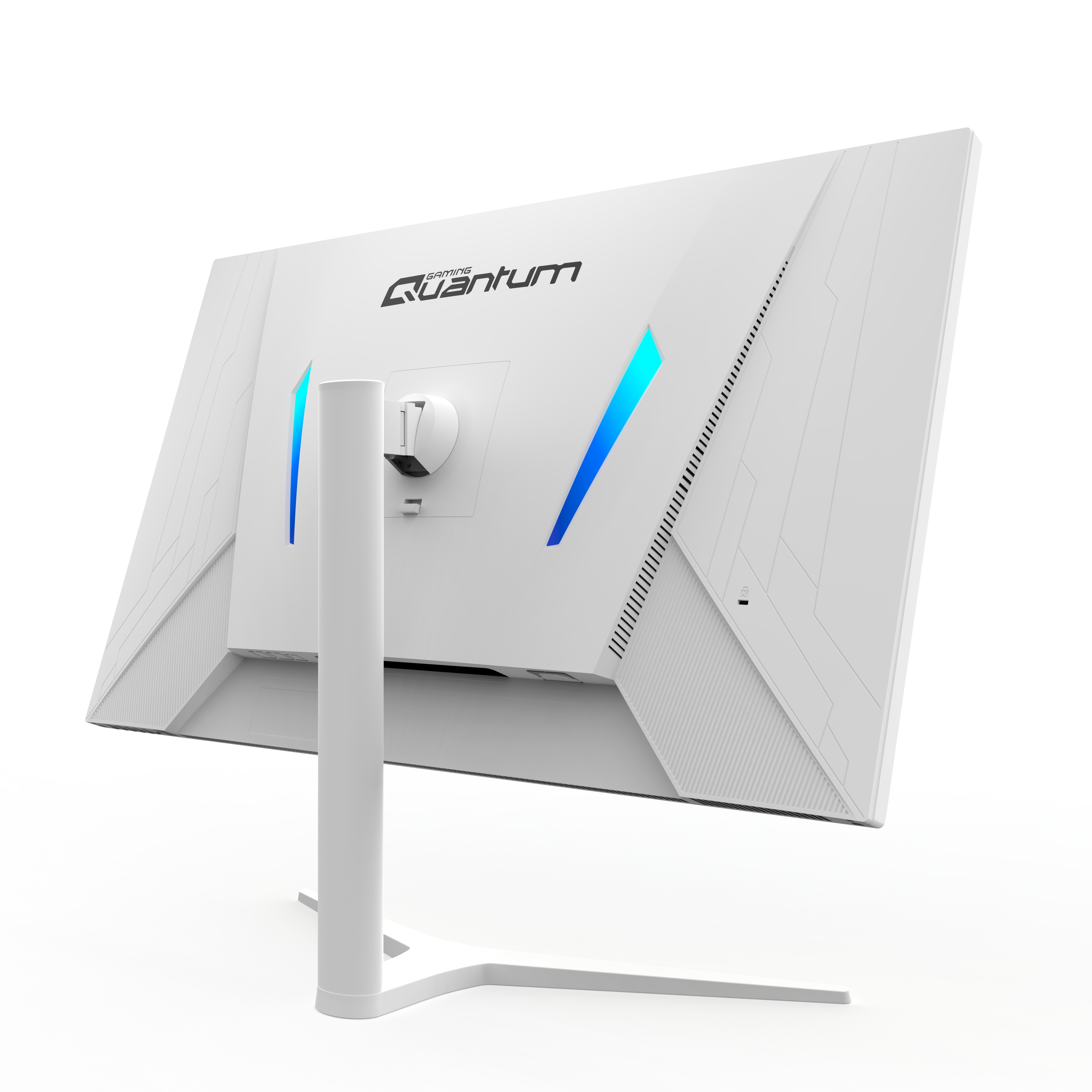 Bir stant üzerinde mavi LED şeritli beyaz Quantum oyuncu monitörünün arkadan görünümü.