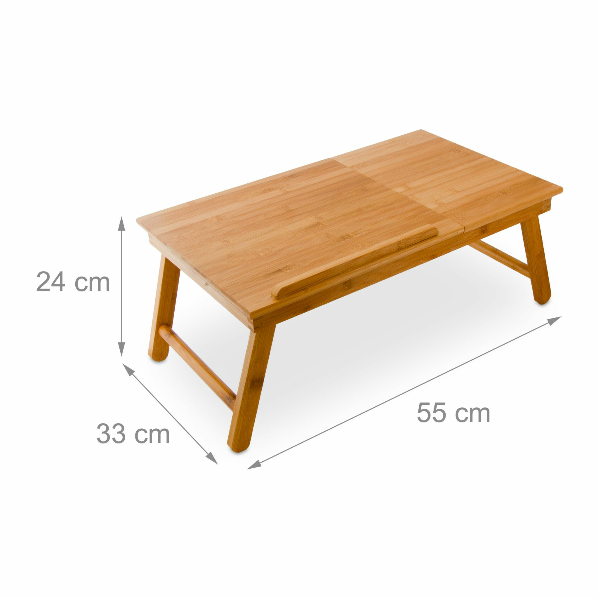 Bambus Laptoptisch mit Maßen: 55 cm lang, 33 cm tief und 24 cm hoch.