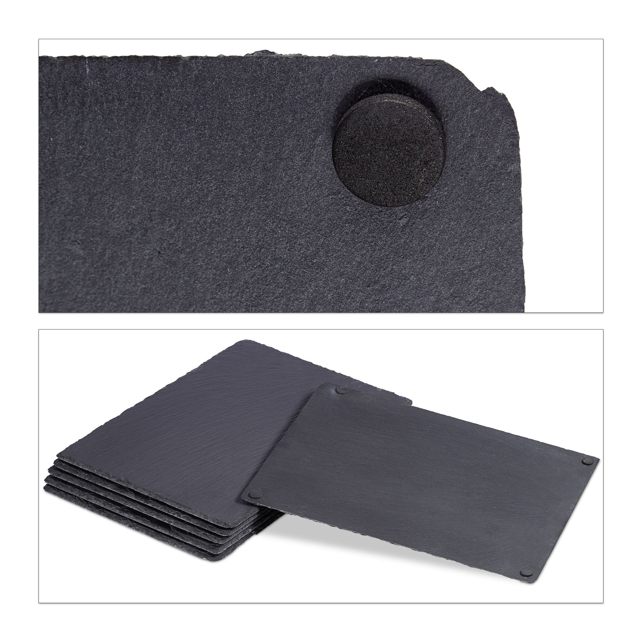 Stapel schwarzer Schiefer-Tischsets mit rutschfesten Pads.