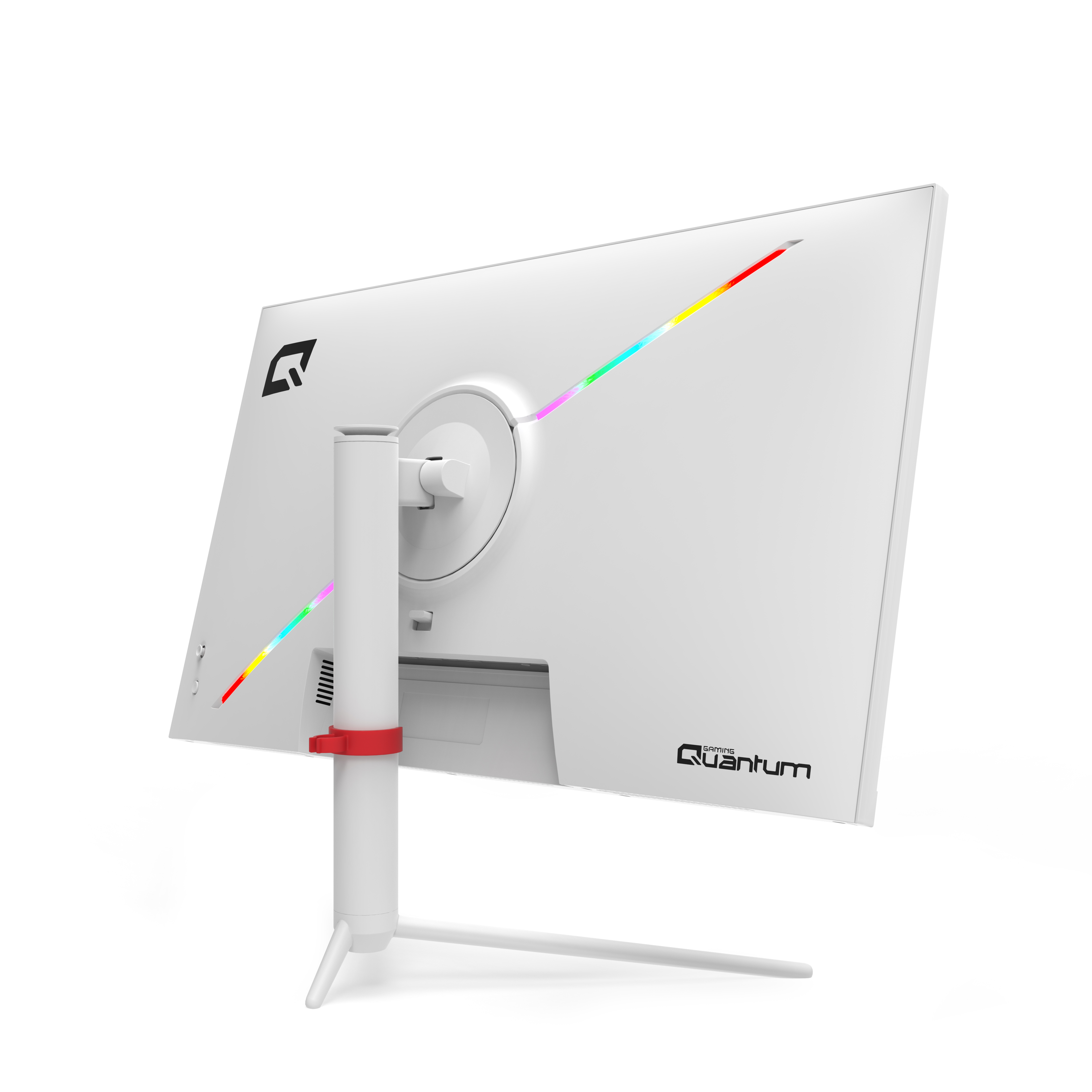 Arkadan görünen beyaz bir Quantum oyuncu monitörü, RGB ışık şeritleri ve beyaz arka planda üç ayaklı stand.
