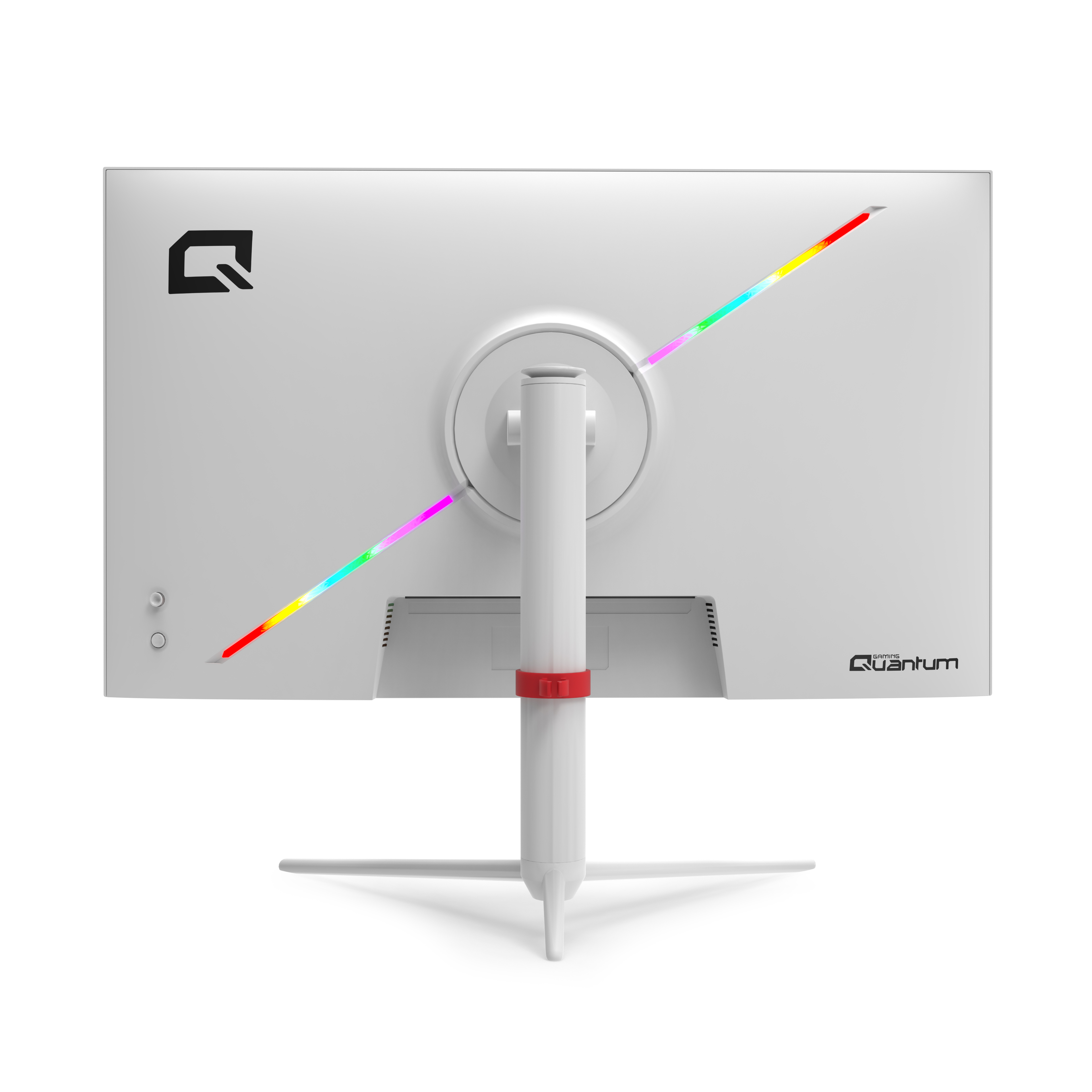 RGB aydınlatma şeritlerine ve Quantum logosuna sahip beyaz oyuncu monitörünün arkası.