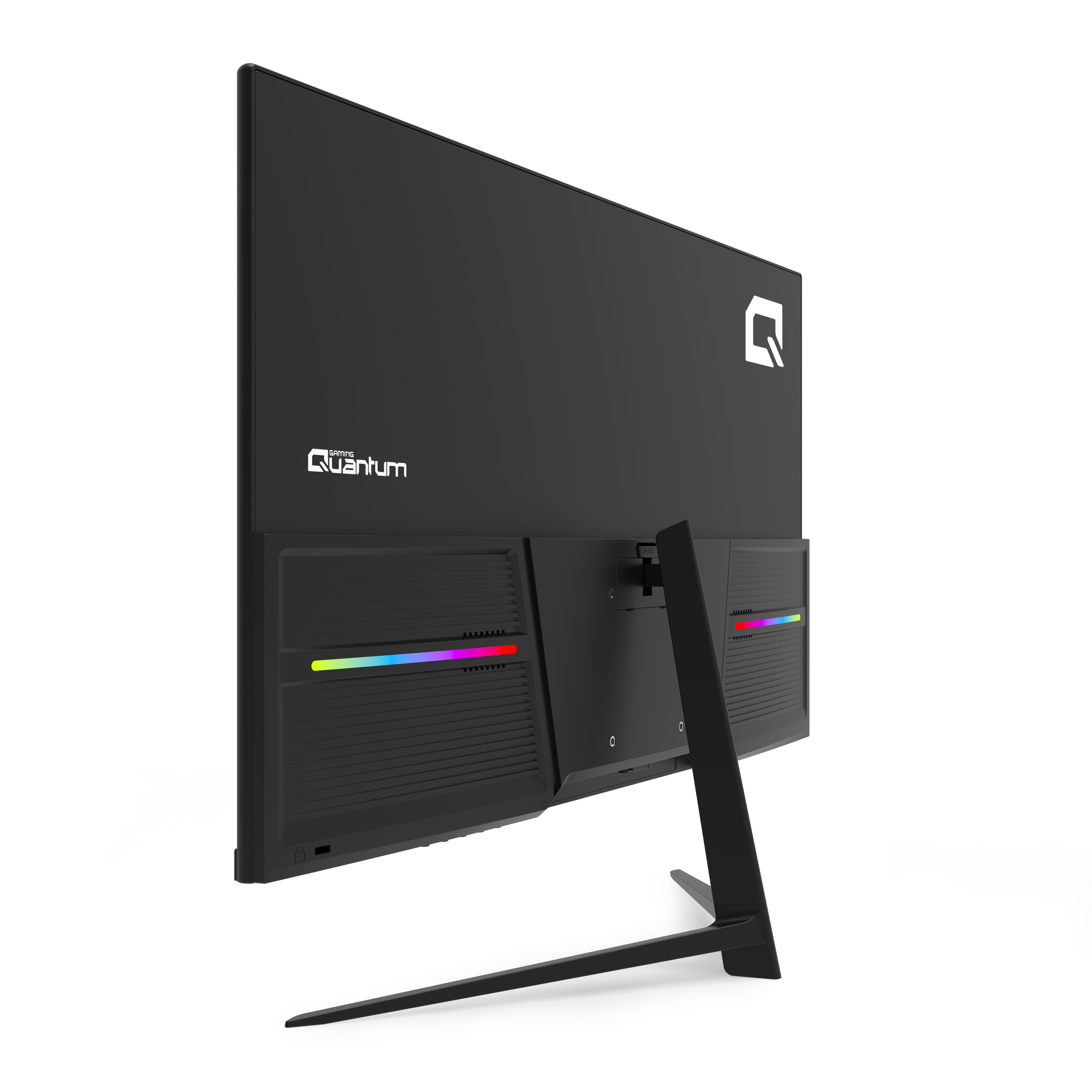 Stand üzerinde RGB aydınlatmalı siyah bir Quantum oyun monitörünün arka görünümü.