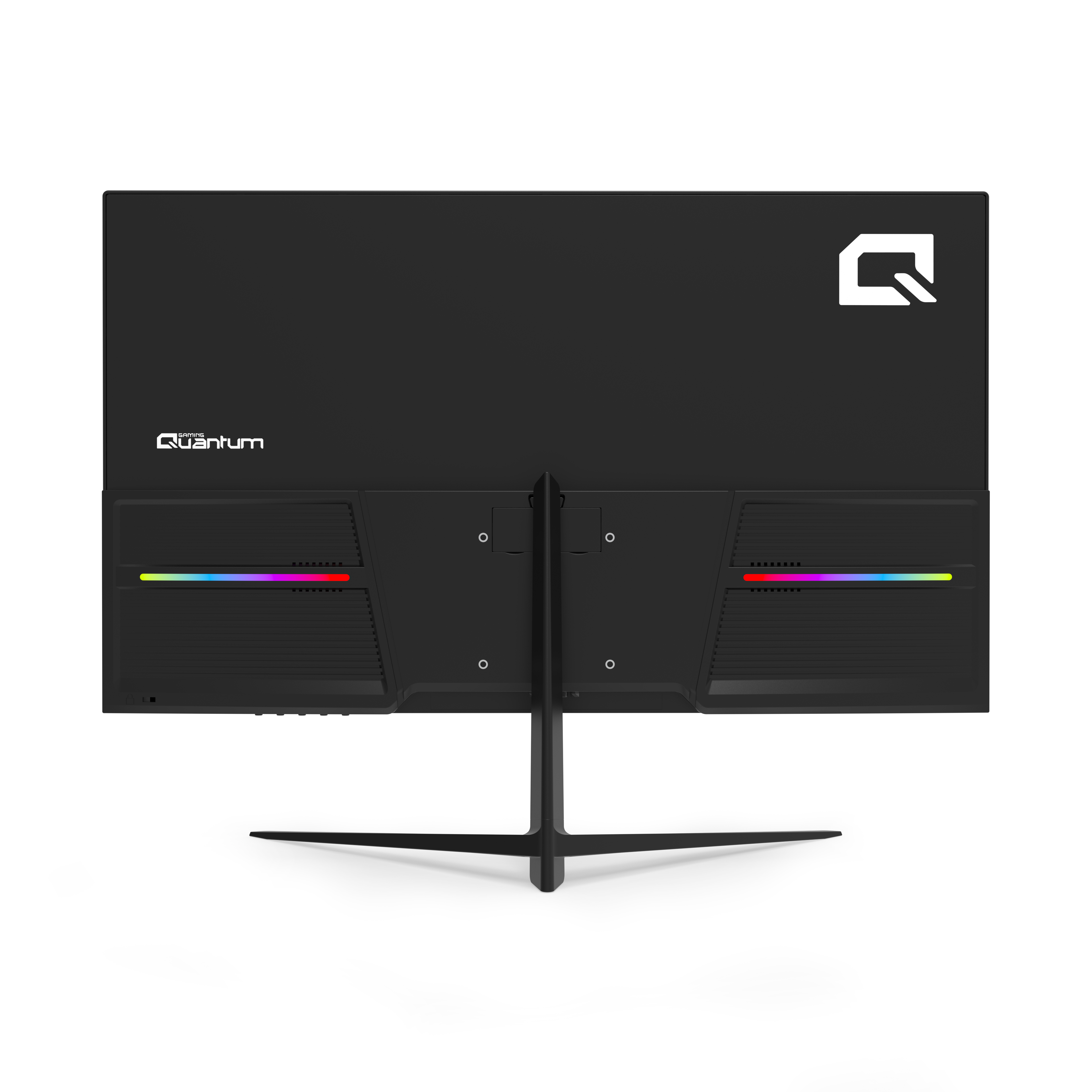 Beyaz arkaplanda RGB ışık çubukları, beyaz logosu ve V şeklinde standı olan siyah bir oyuncu monitörünün arkadan görünümü.