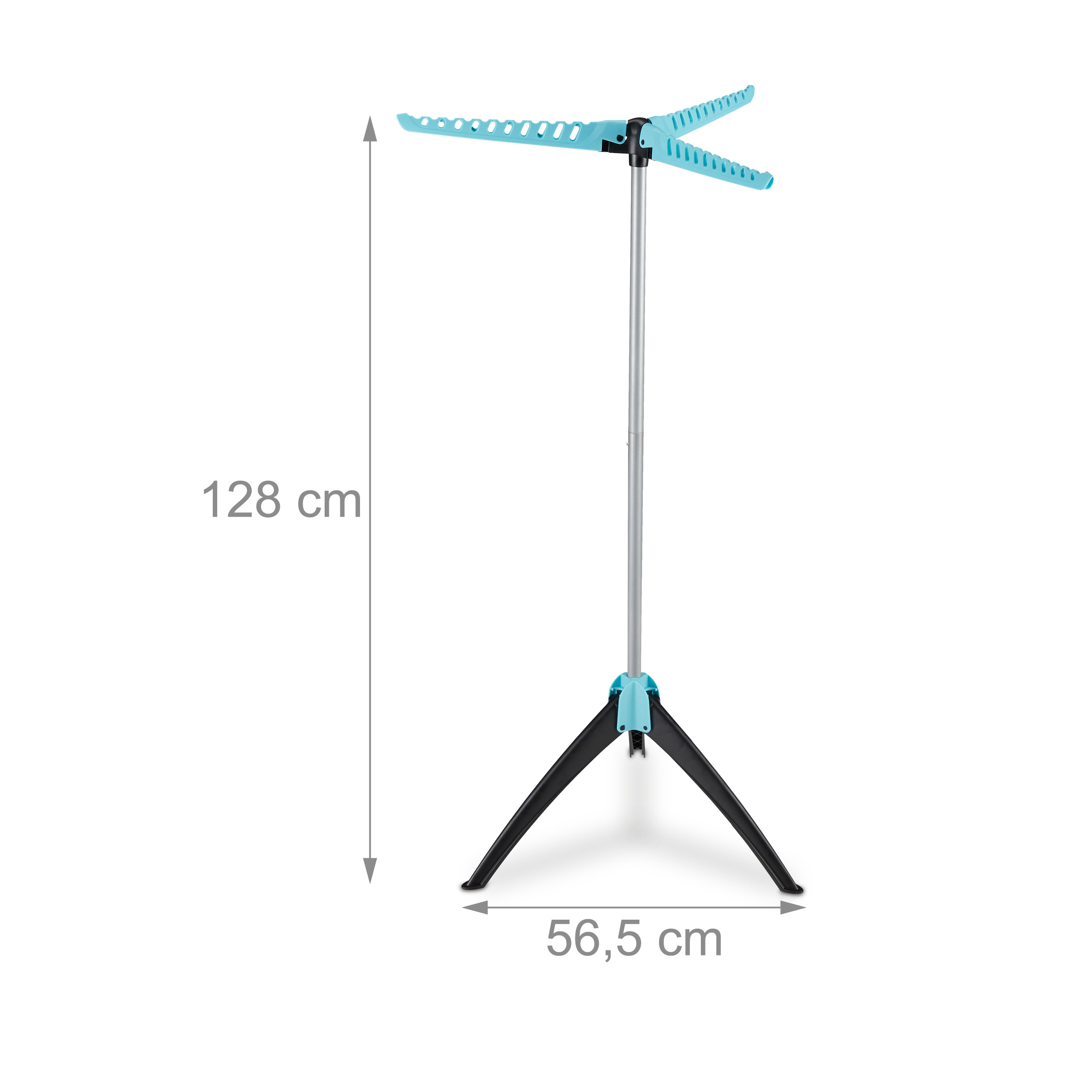 Ein blauer, klappbarer Wäscheständer mit drei Beinen und Maßen von 128 cm Höhe und 56,5 cm Breite.