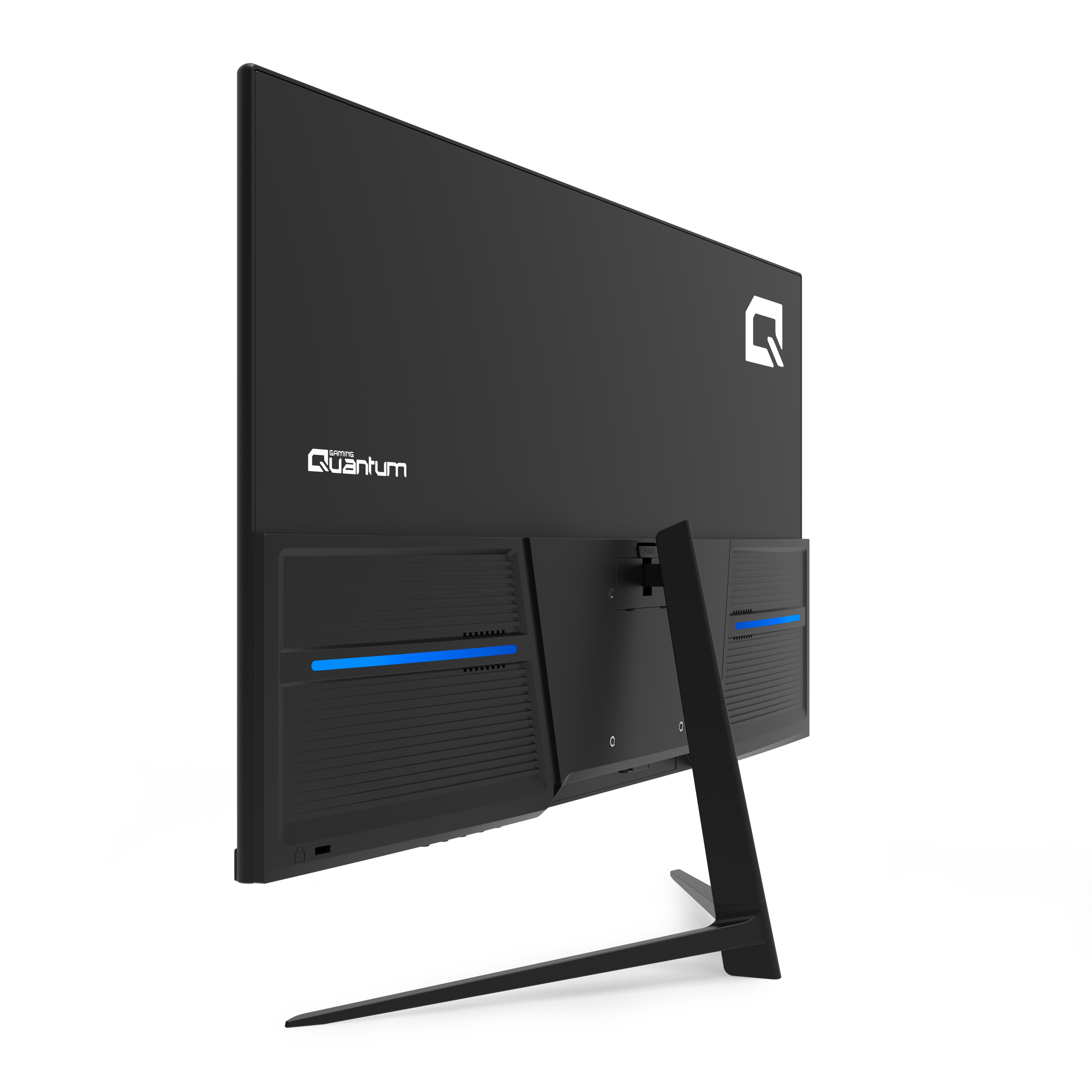 Standı ve mavi ışık şeritleriyle siyah bir Quantum oyuncu monitörünün arkası.