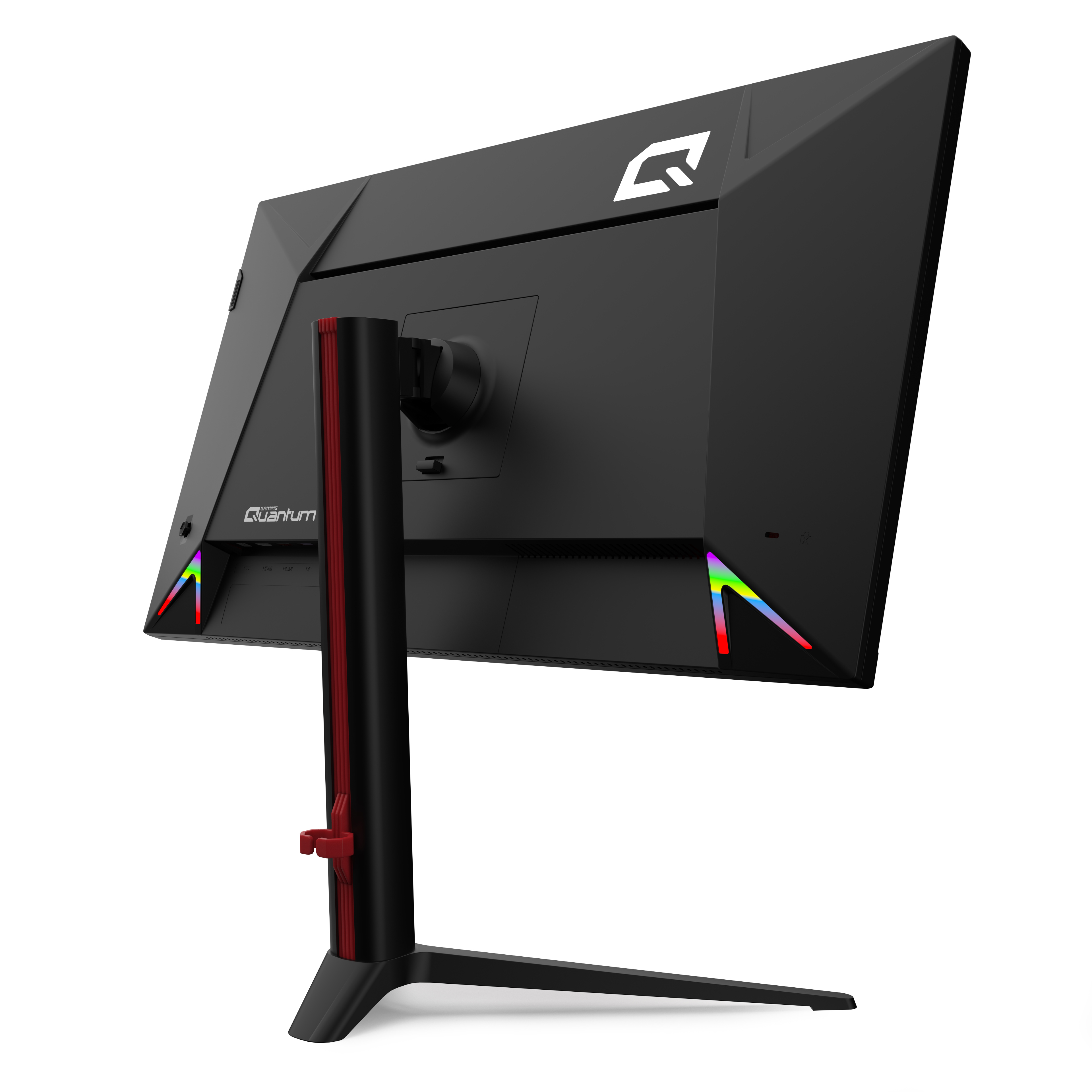 Beyaz arka planda RGB aydınlatmalı ve stantta kırmızı vurgulu siyah oyun monitörünün arka görünümü.