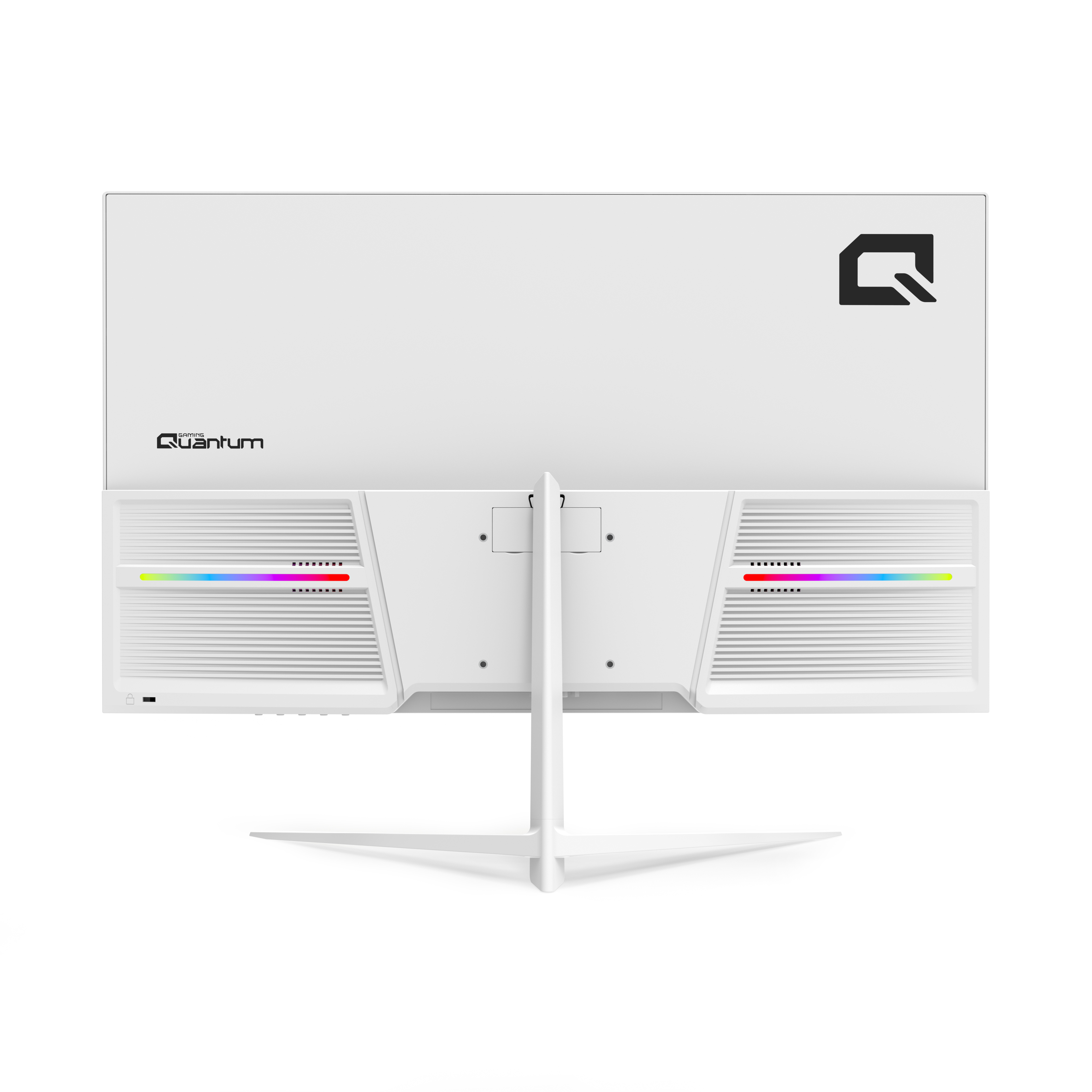 RGB aydınlatmalı ve Quantum logolu beyaz bir oyun monitörünün arkası.