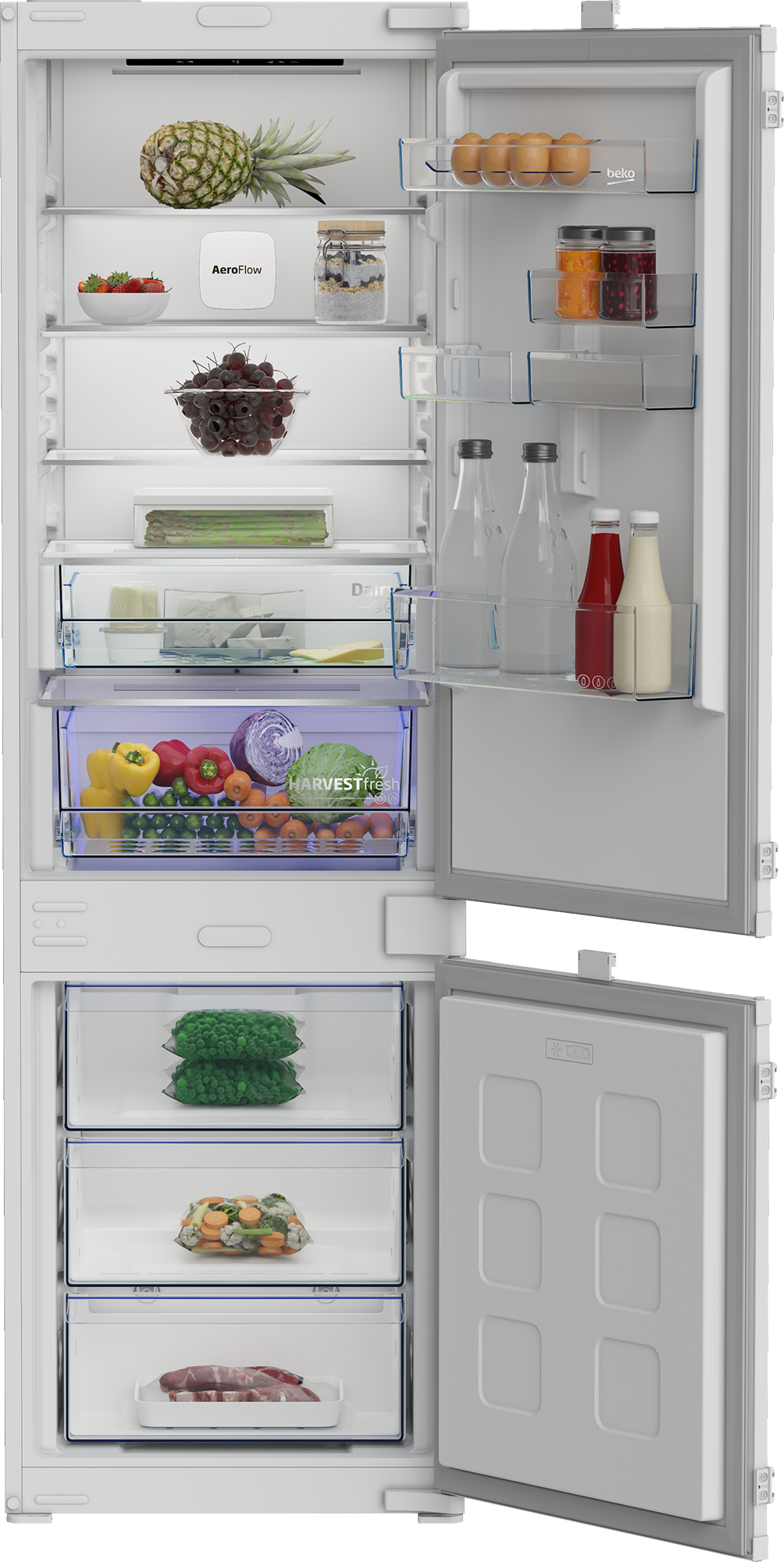 Refrigerador blanco abierto lleno de frutas, verduras, bebidas y alimentos en estantes y puertas.