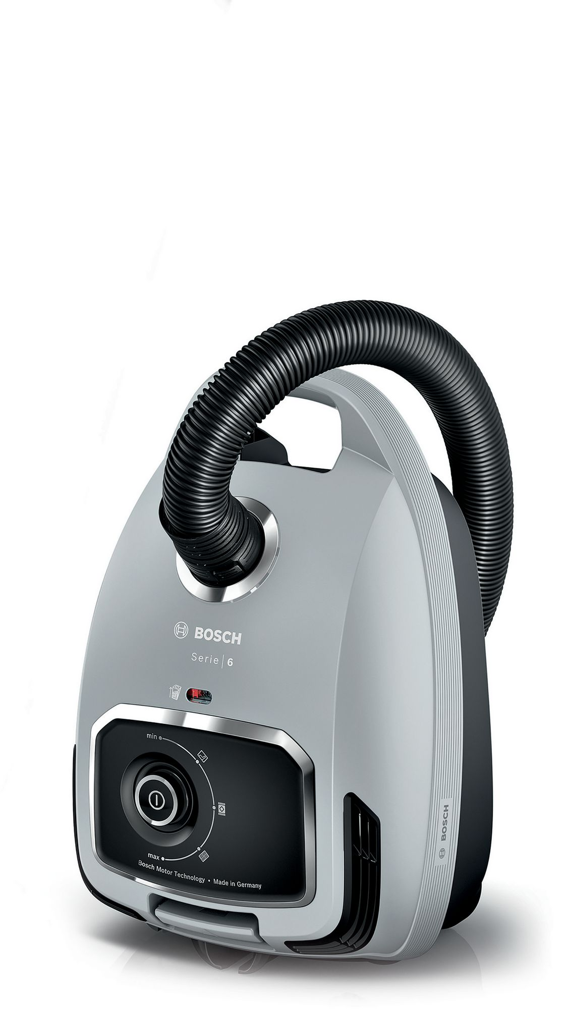 Aspirapolvere grigio Bosch Serie 6 con tubo nero su sfondo bianco.
