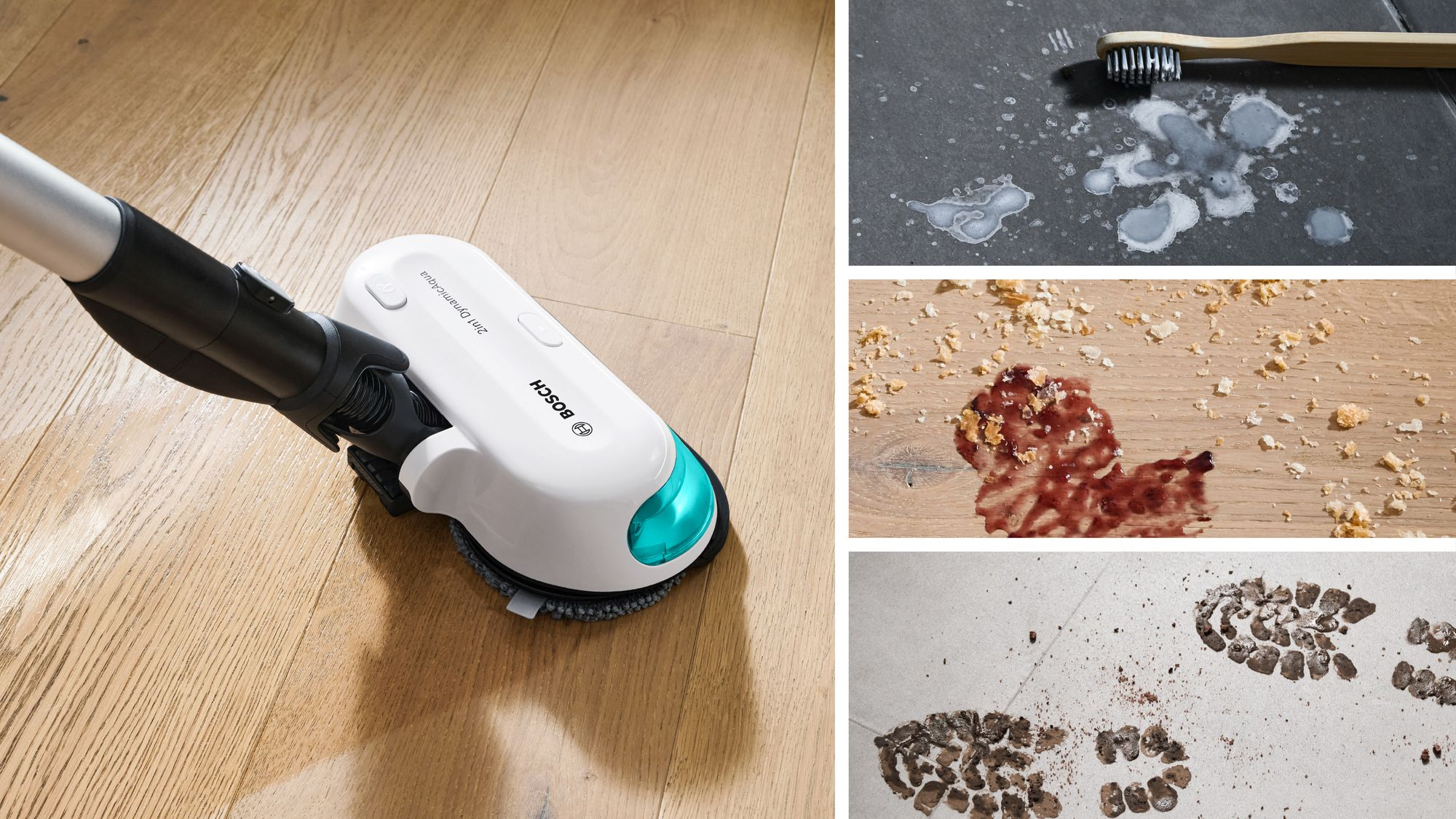 Un aspirapolvere Bosch bianco su legno e tre immagini insetto che mostrano sporco come liquido versato e impronte.