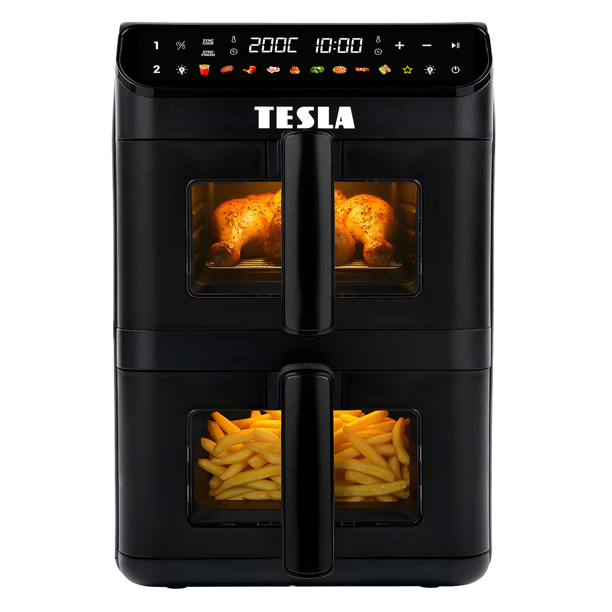 Friggitrice ad aria Tesla nera a doppio cestello con comandi superiori e pollo e patatine illuminate.