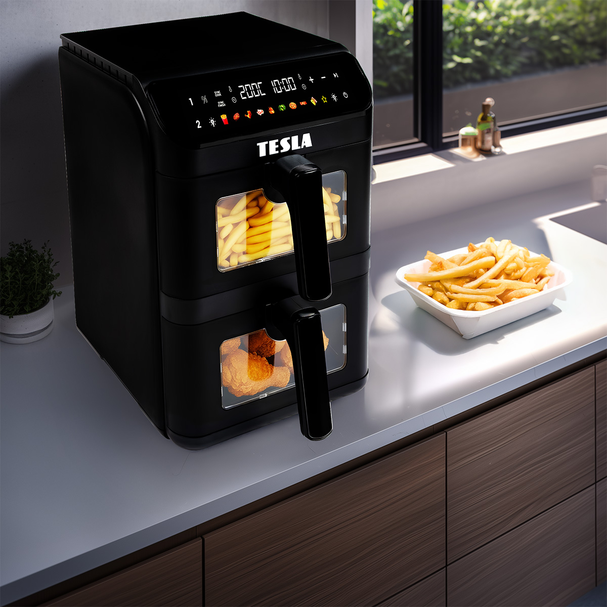 Una friggitrice ad aria Tesla nera a doppio cestello sul bancone con patatine fritte vicine.