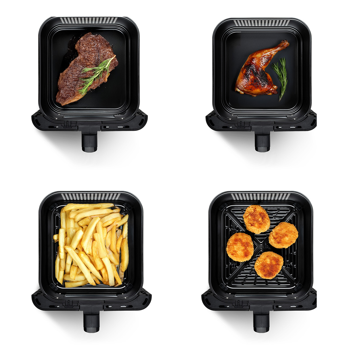 Quattro cestelli per friggitrice ad aria dall'alto con bistecca, pollo, patatine e crocchette.