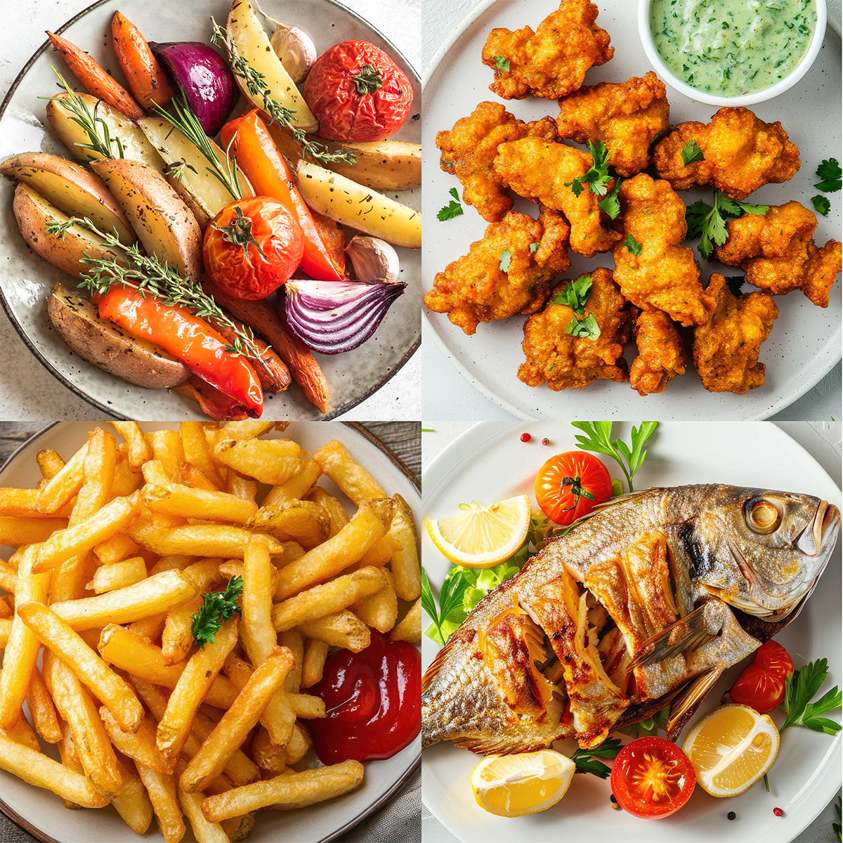 Un piatto di patate arrostite, verdure e pesce servito nei piatti.