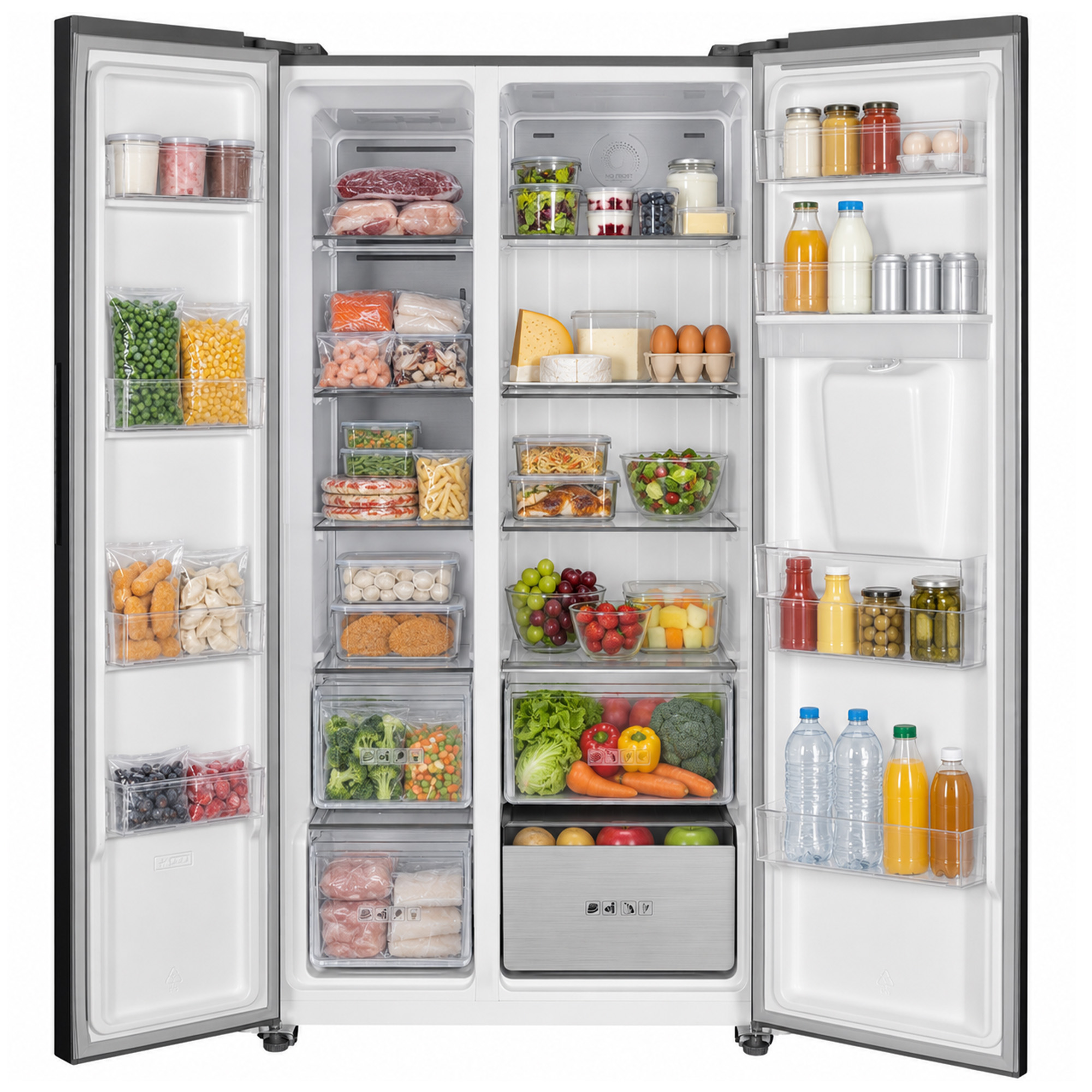An open, well-stocked refrigerator filled with fresh produce, vegetables, fruits, dairy, and beverages.