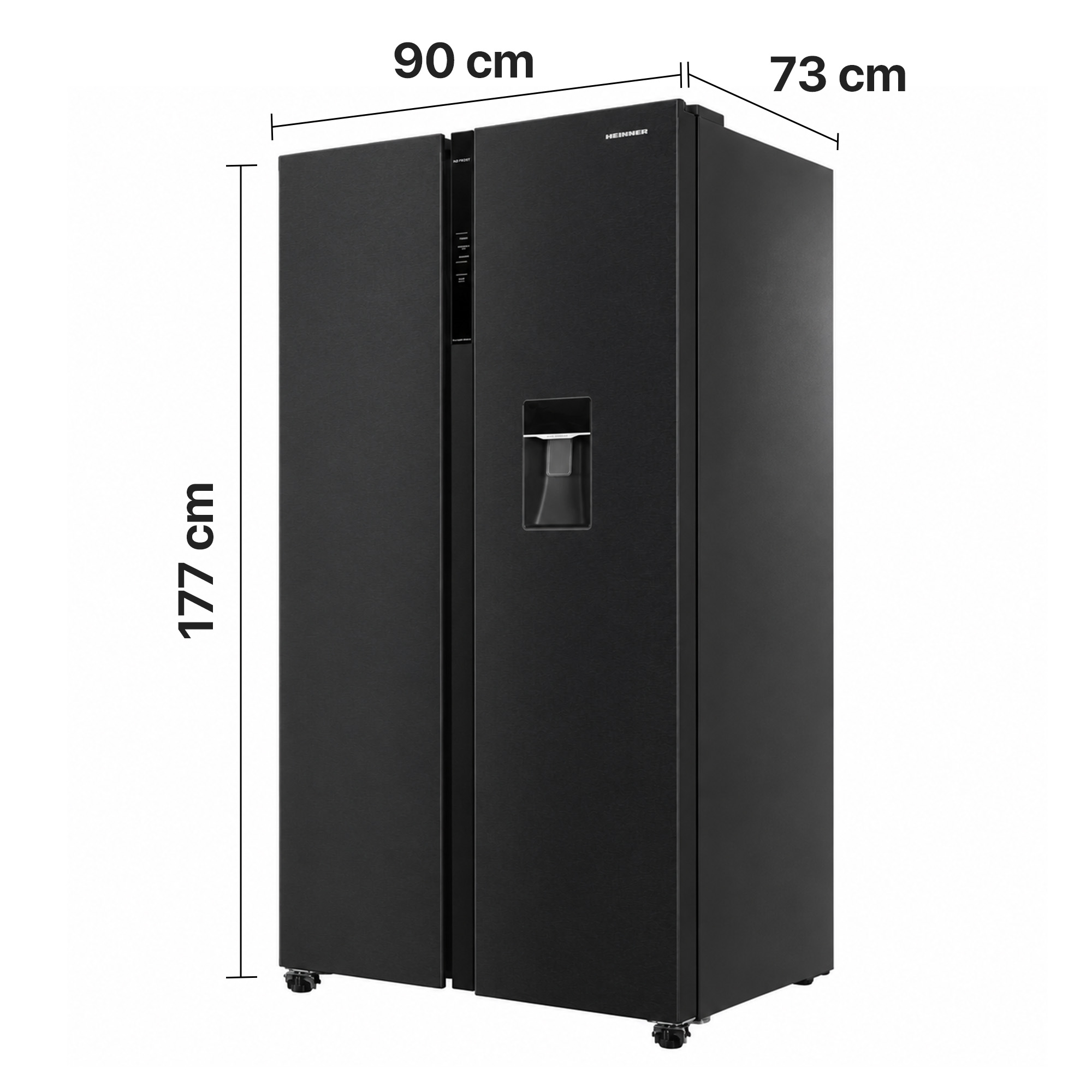 Black side-by-side refrigerator with water dispenser and dimensions in cm.