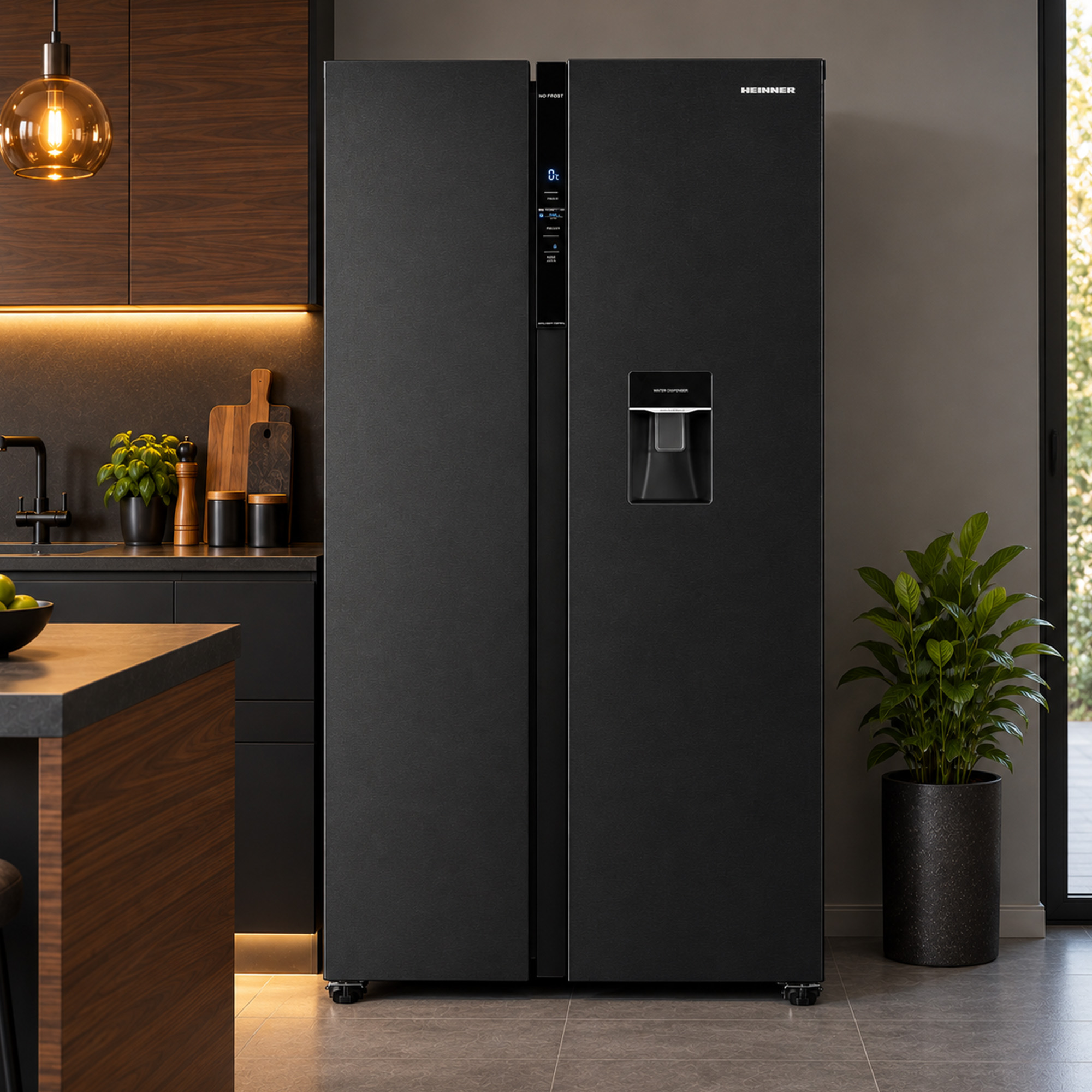 A black side-by-side refrigerator in a modern kitchen with wooden cabinets and a potted plant.