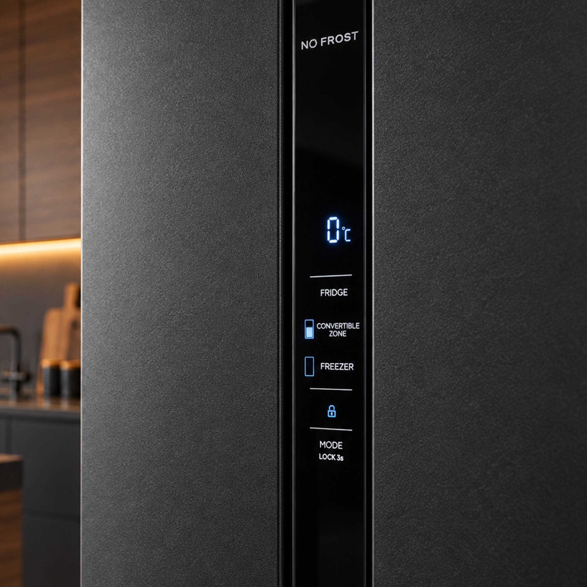 Black refrigerator control panel with a digital display and touch buttons.