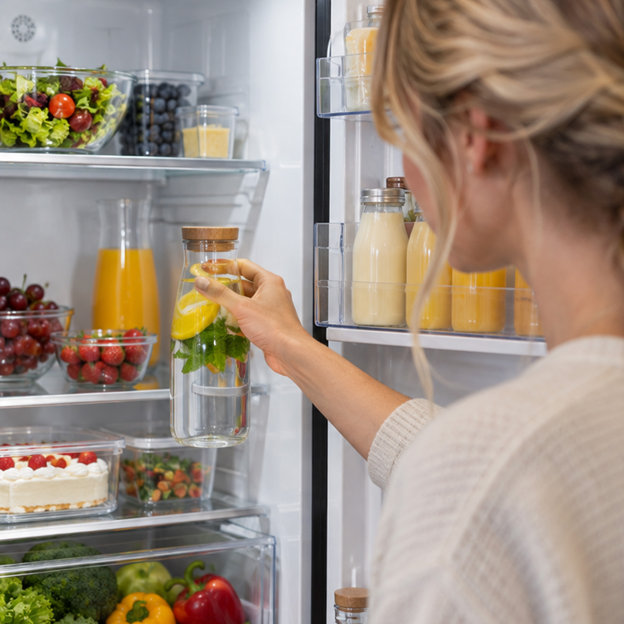 A woman takes a glass bottle of water with lemon and mint from a well-stocked refrigerator.