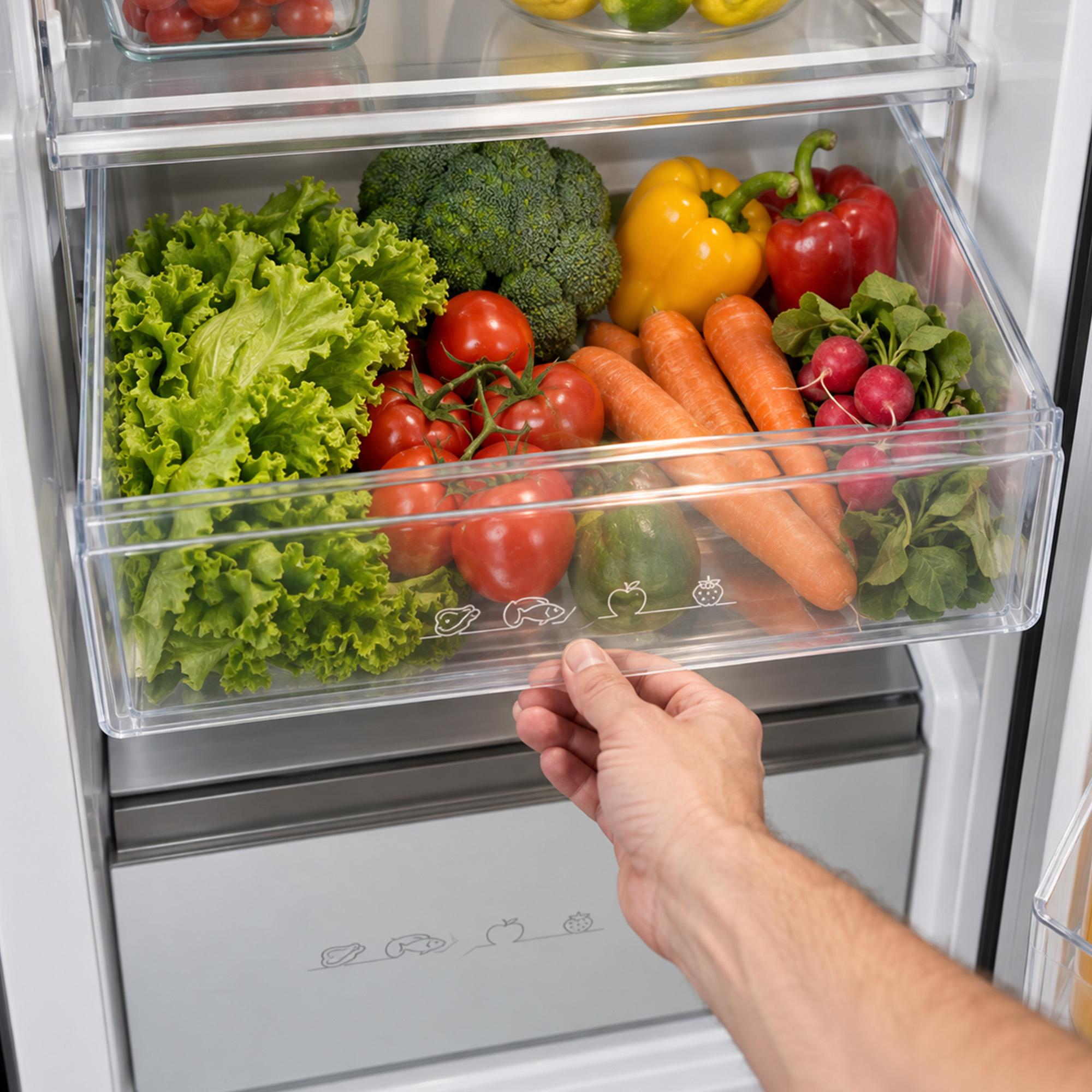 Une main ouvre le bac à légumes d'un réfrigérateur rempli de laitue fraîche, de tomates, de carottes et de poivrons.