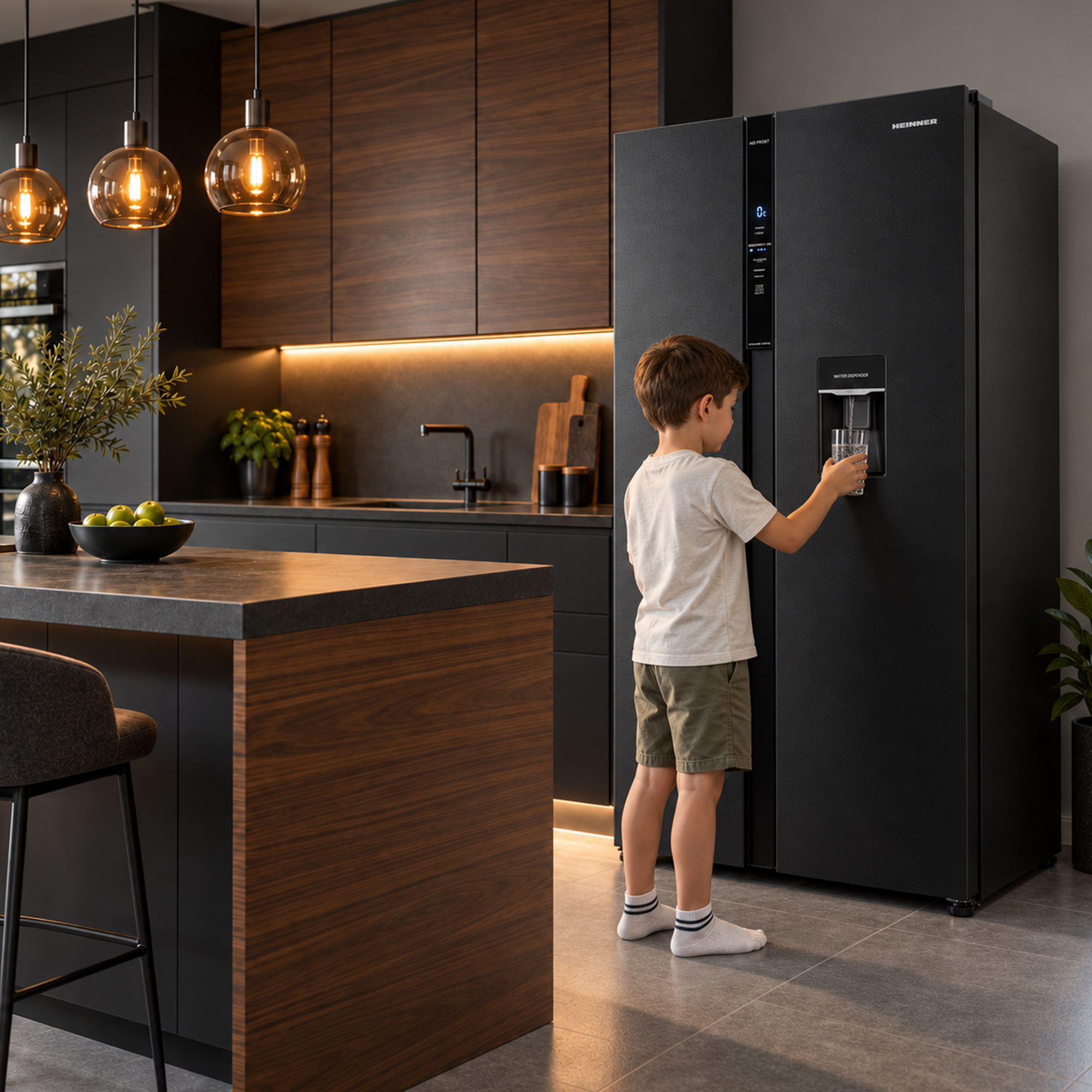 A boy fills a glass of water from a black refrigerator dispenser in a modern kitchen.