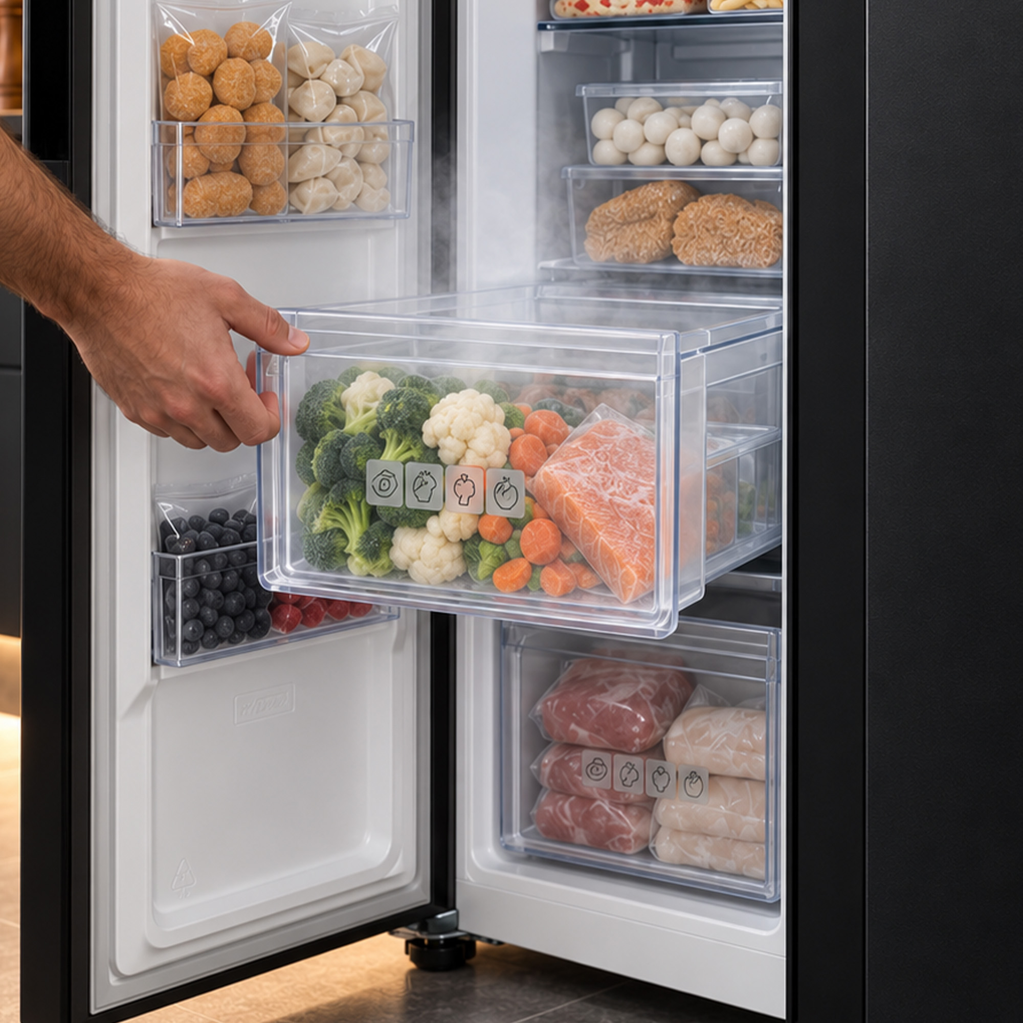 A person pulls out a freezer drawer filled with frozen vegetables and fish, with steam rising from it.