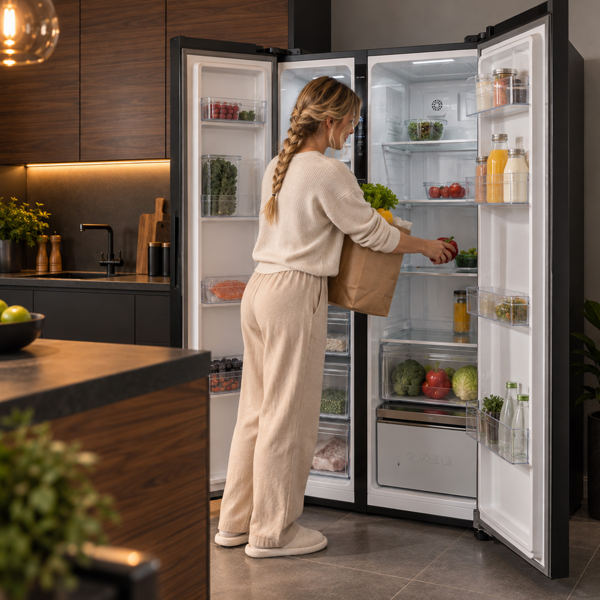 A woman in beige loungewear stands in a modern kitchen, taking produce from a large open refrigerator.
