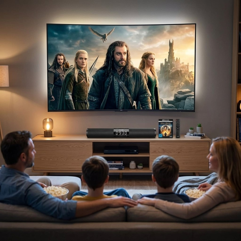 Bir aile kanepede oturmuş, soundbar'lı büyük bir TV'de fantastik bir film izliyor.
