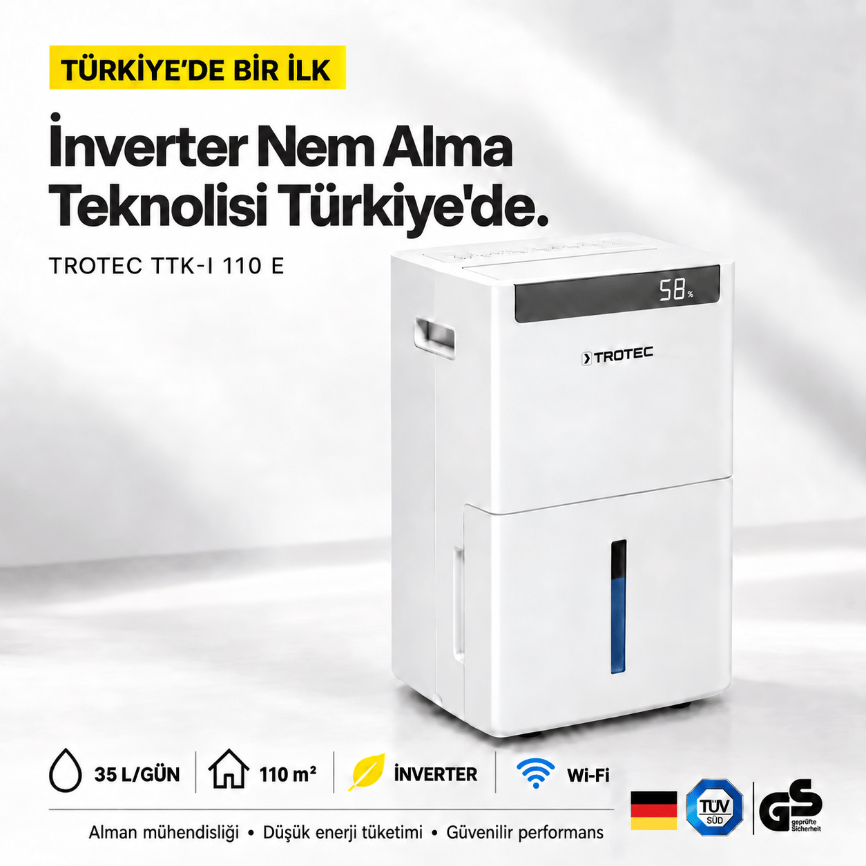 Dijital ekranlı beyaz Trotec TTK-I 110 E nem alma cihazı, açık renkli arka planda masada duruyor.